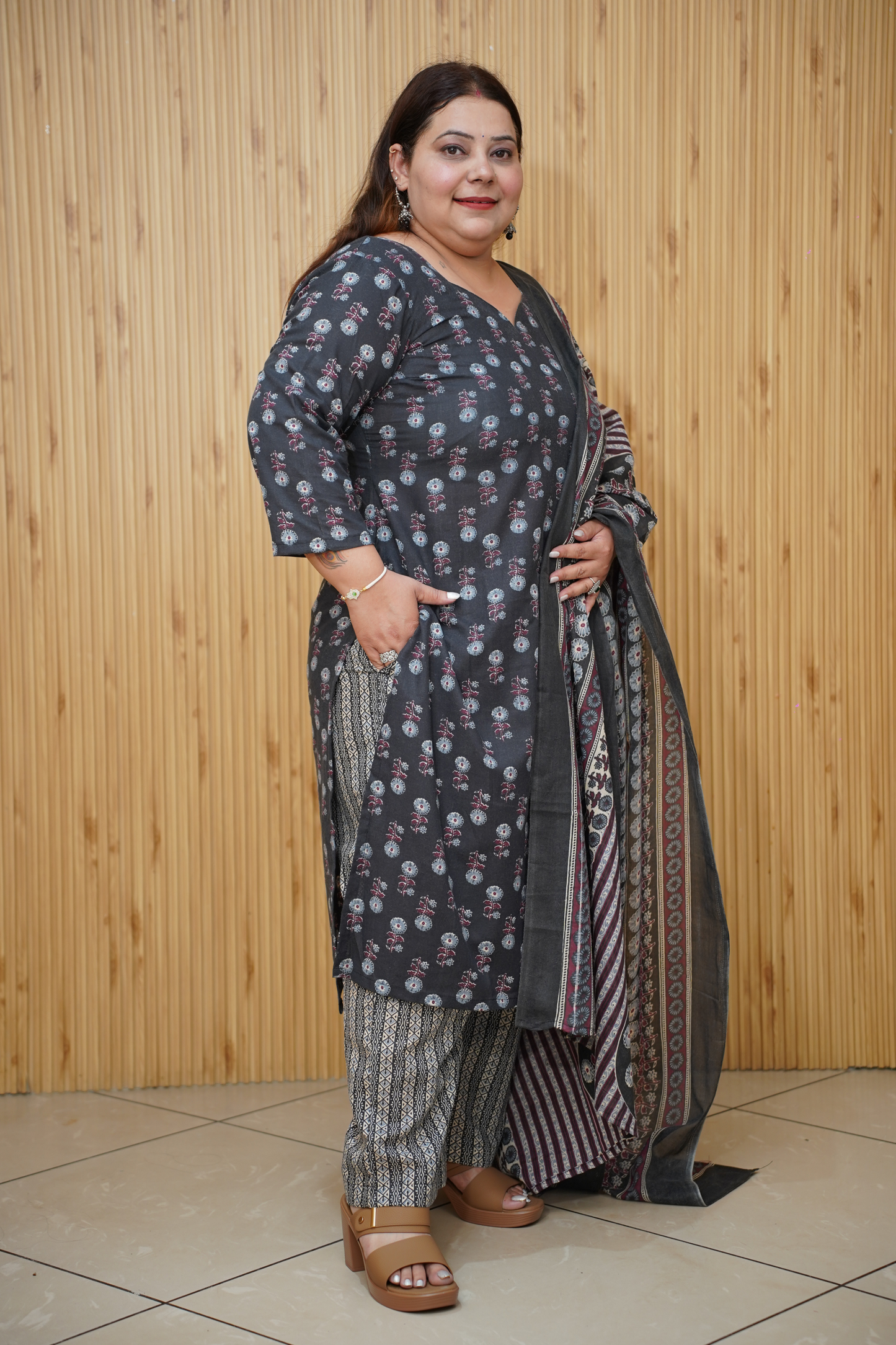 Charcoal Printed Cotton Suit Set