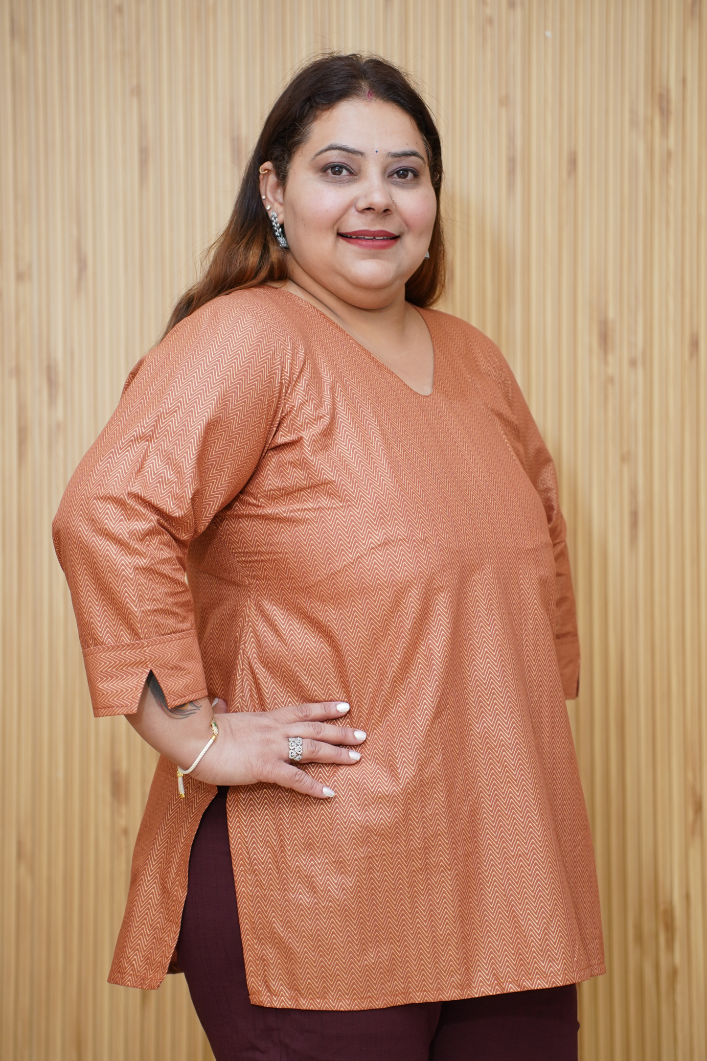 Rust Metallic Cotton Kurta with Foil Print