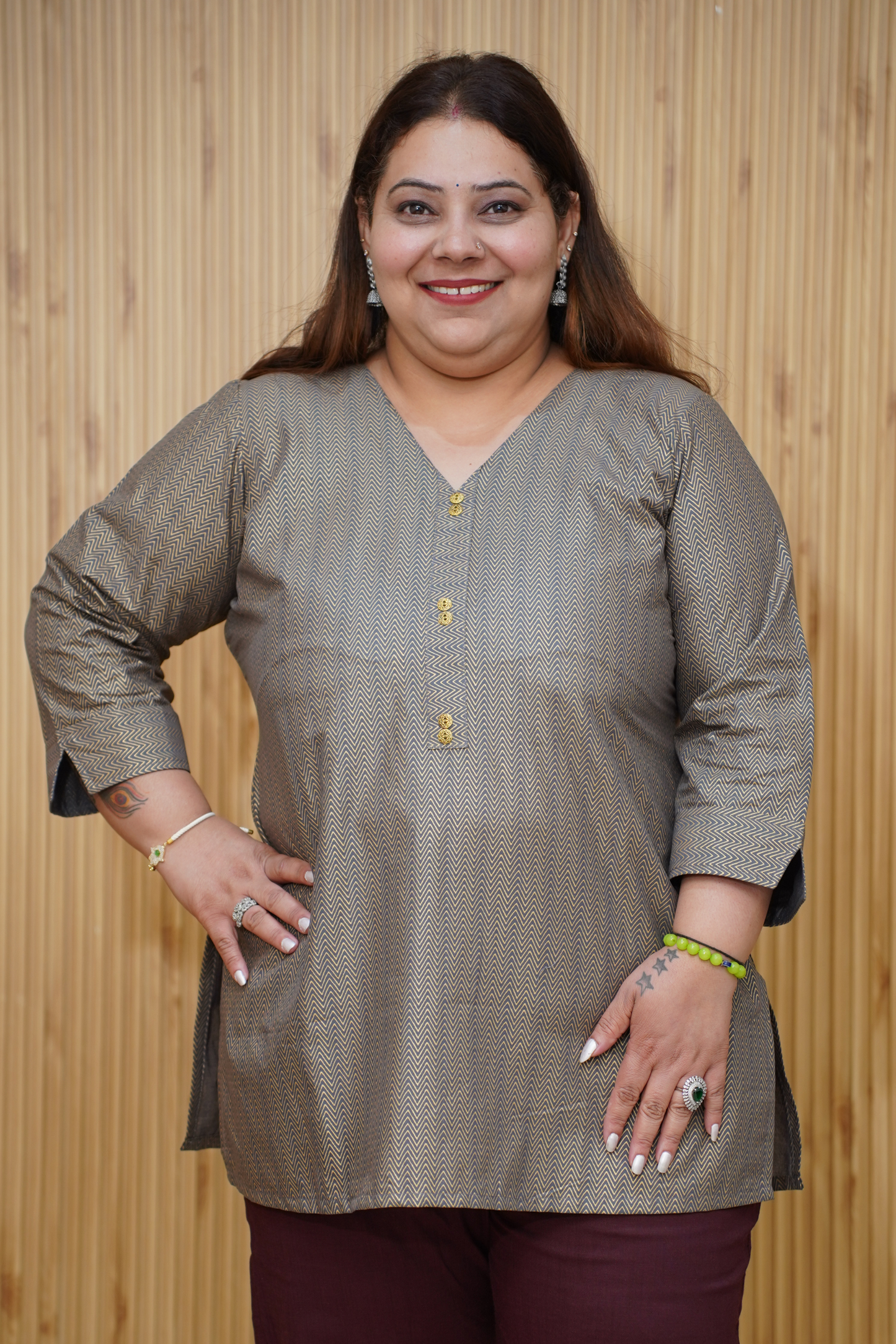 Grey Metallic Cotton Kurta with Foil Print