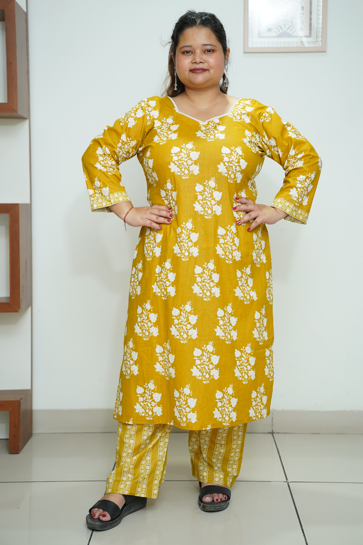 Mustard Floral Cotton Suit Set