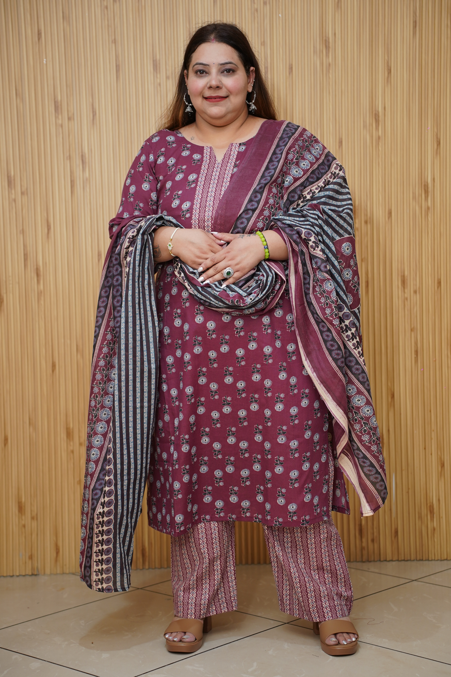 Women Plus Size Maroon Floral Printed Cotton Suit Set