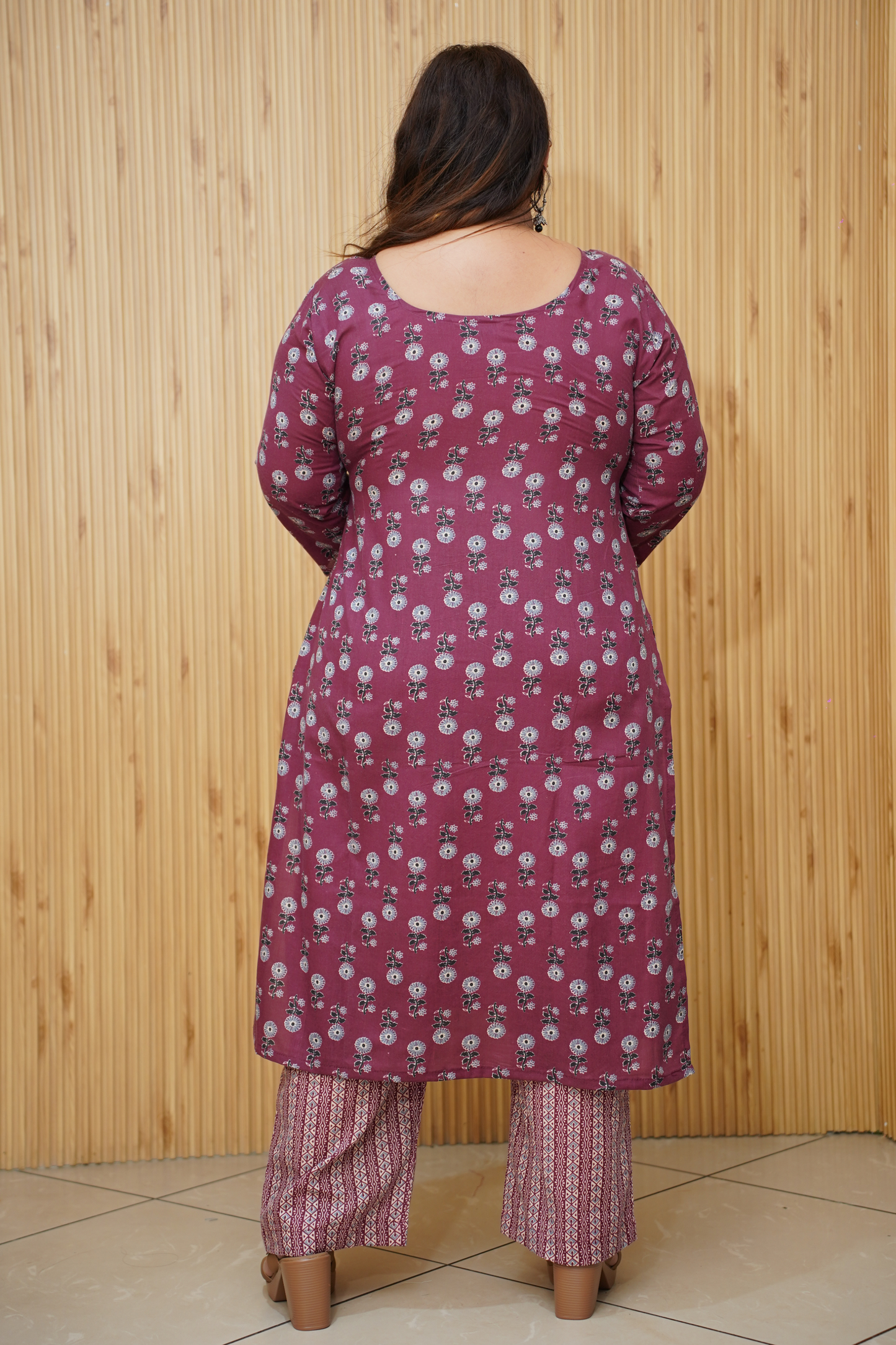 Women Plus Size Maroon Floral Printed Cotton Suit Set