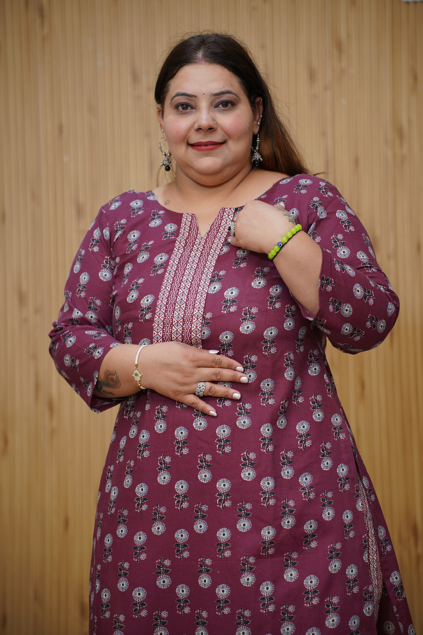 Women Plus Size Maroon Floral Printed Cotton Suit Set