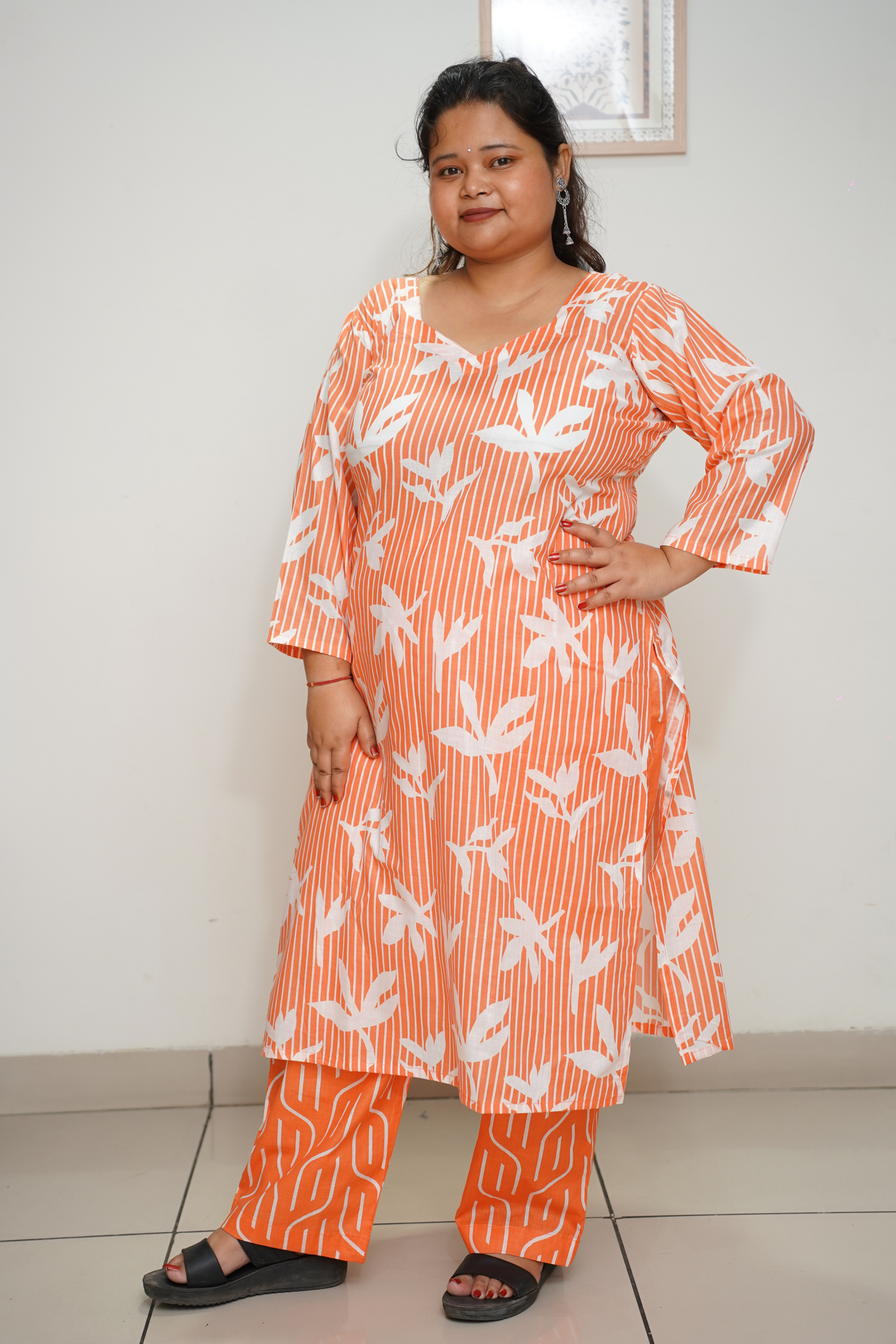 Orange Floral Cotton Suit Set