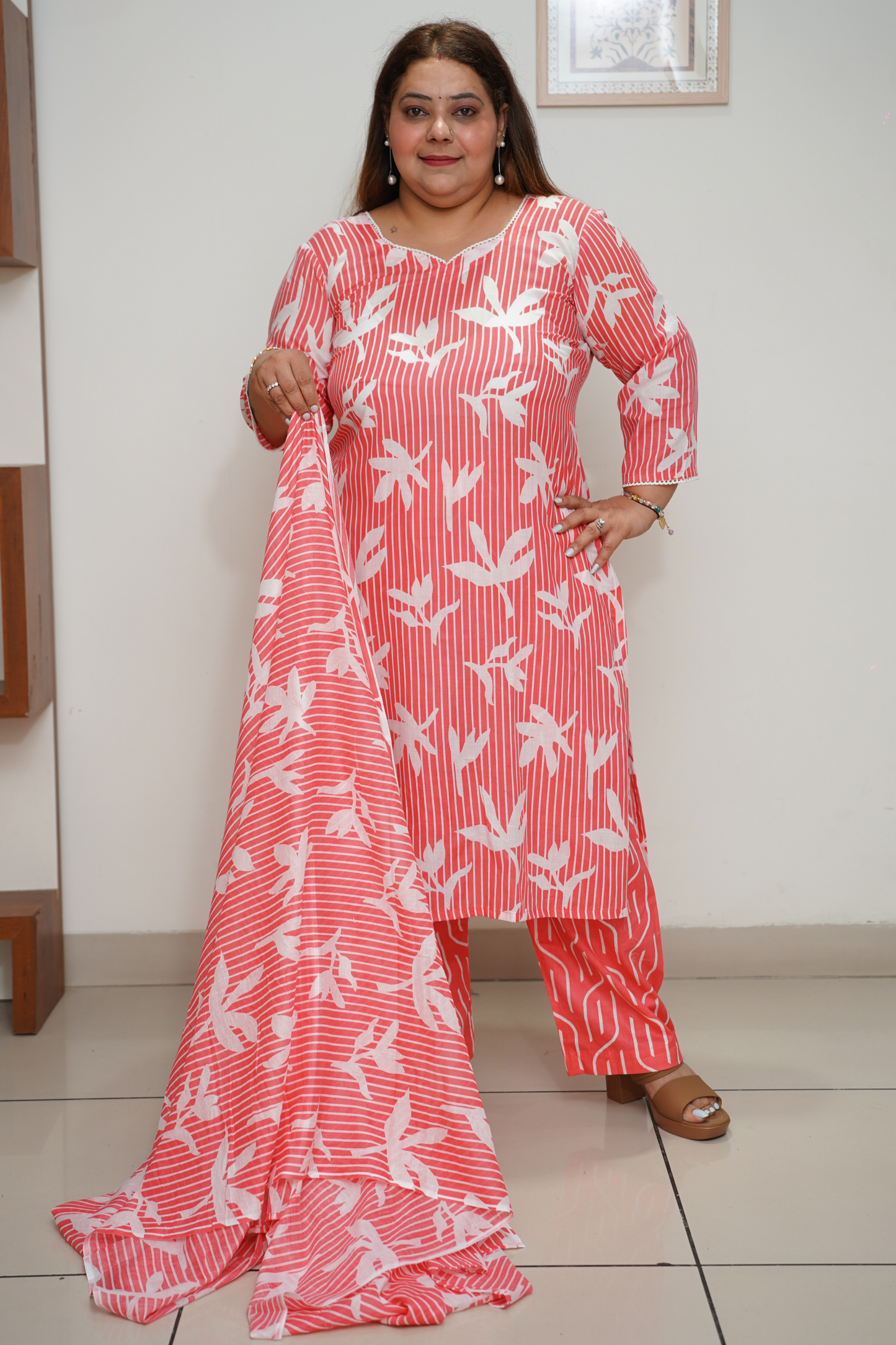 Red Floral Cotton Suit Set