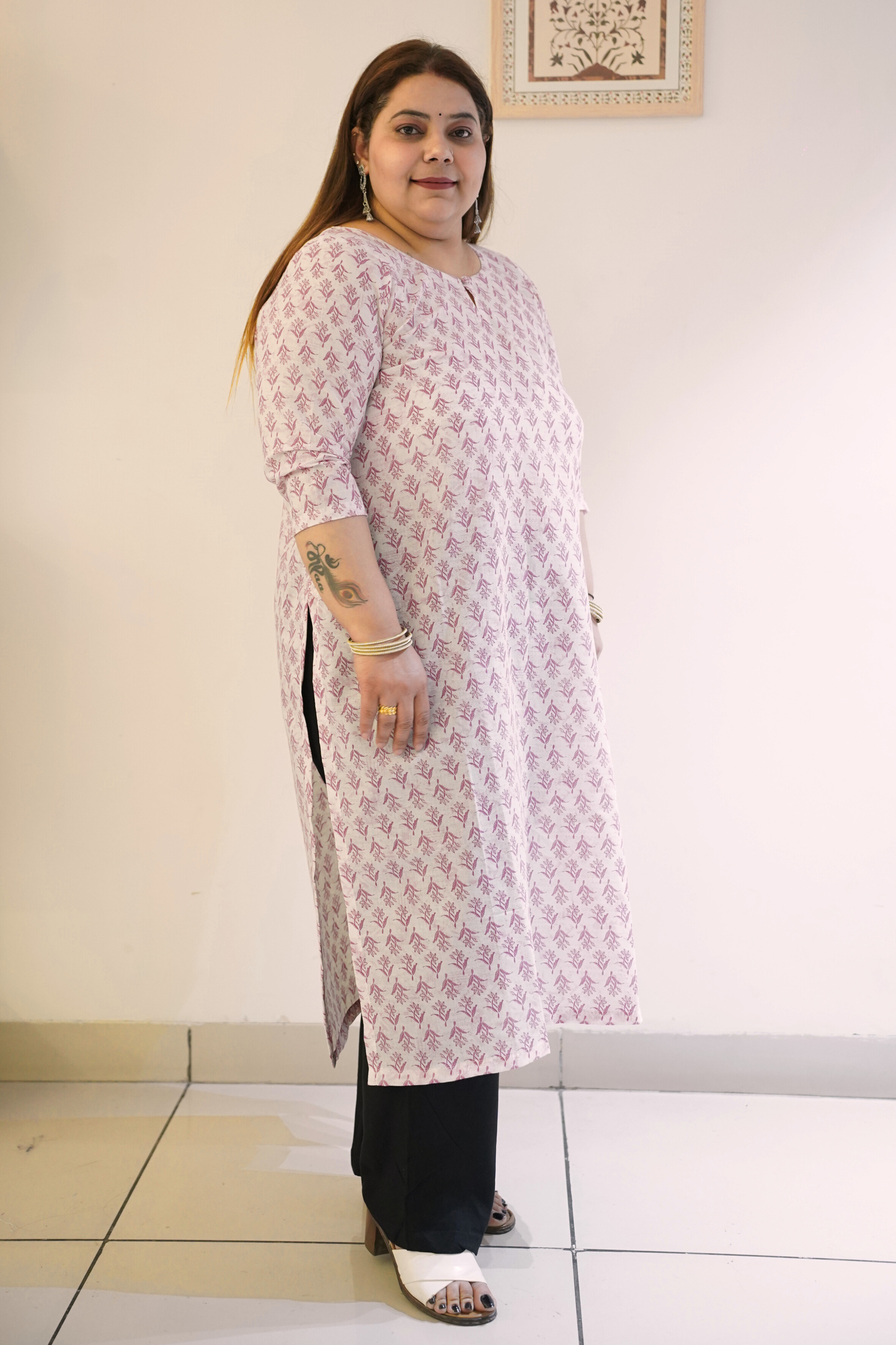 Pink Cotton Floral Print Kurta