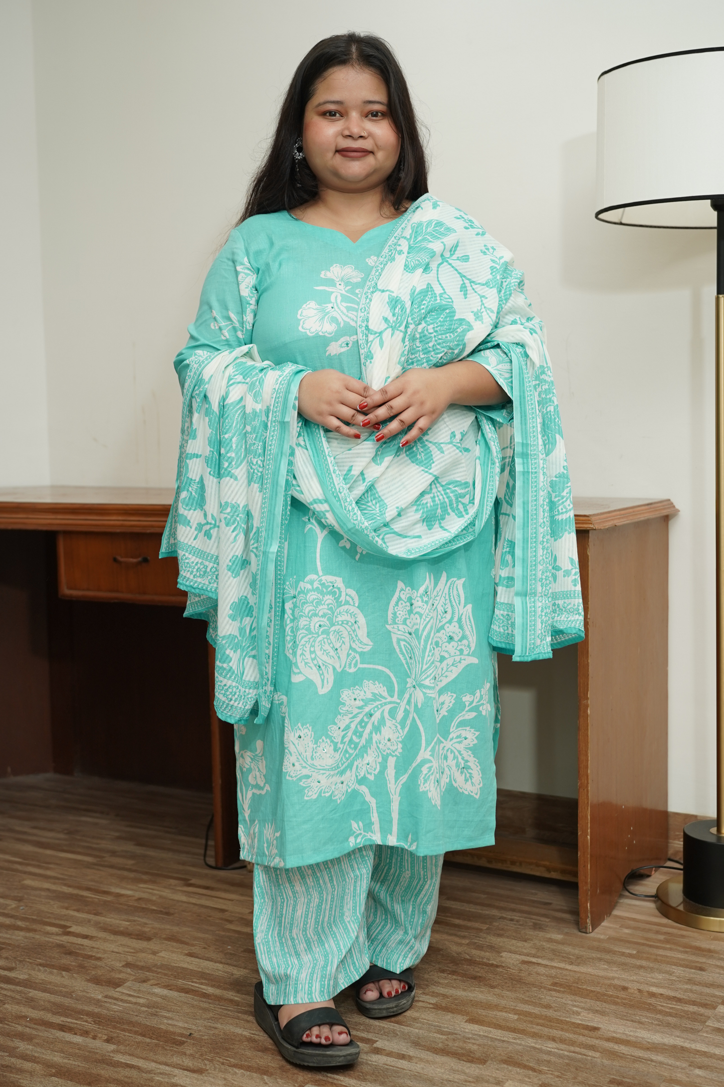 Sky Blue Floral Cotton Suit Set