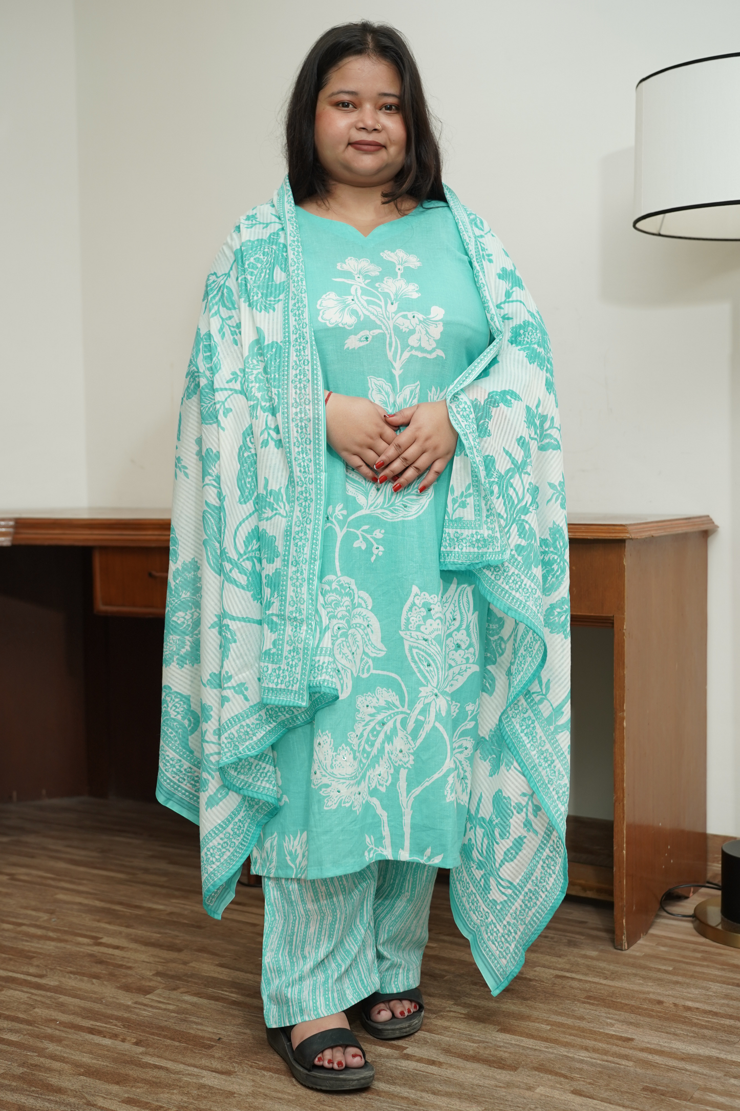 Sky Blue Floral Cotton Suit Set