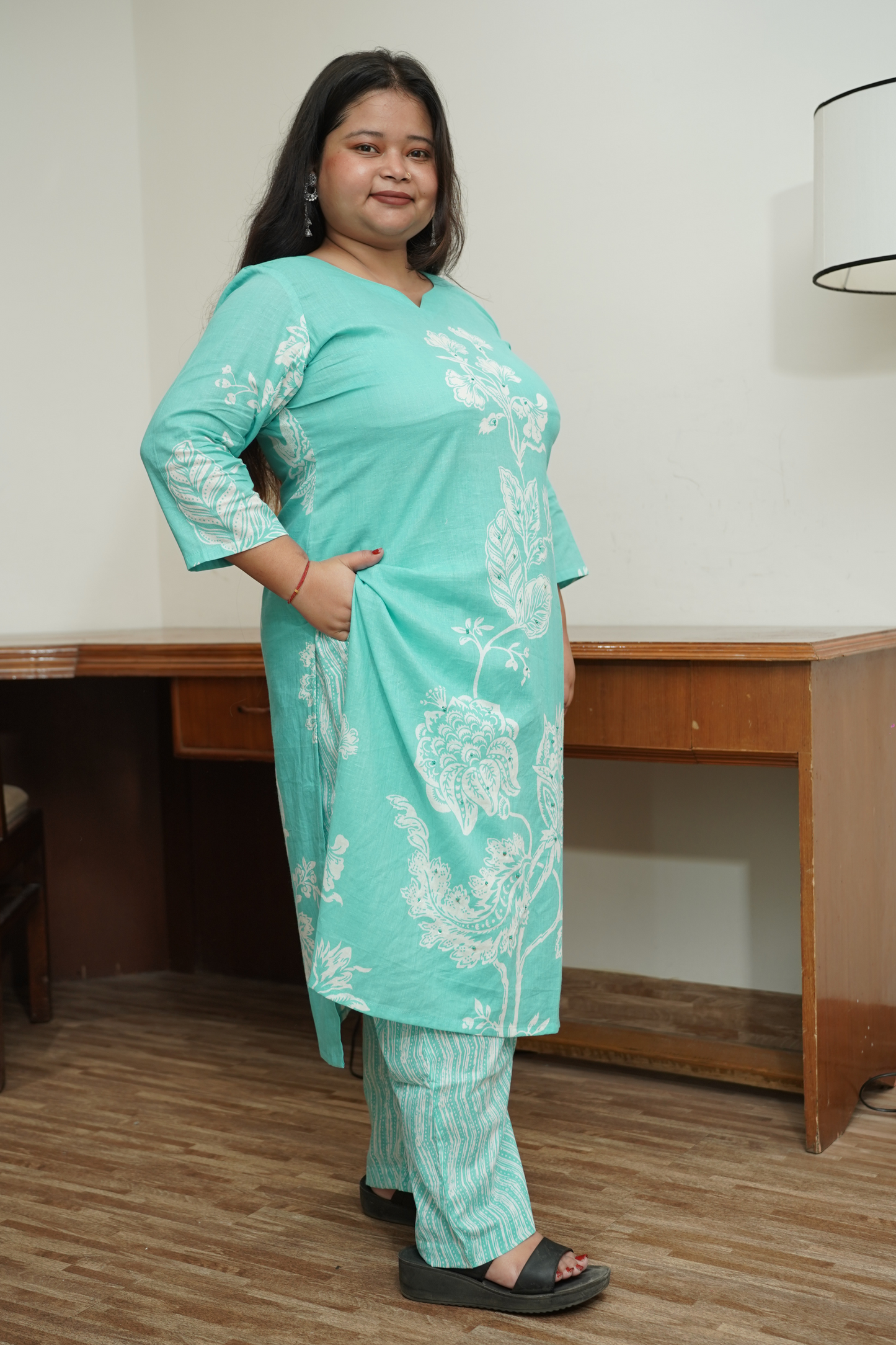 Sky Blue Floral Cotton Suit Set