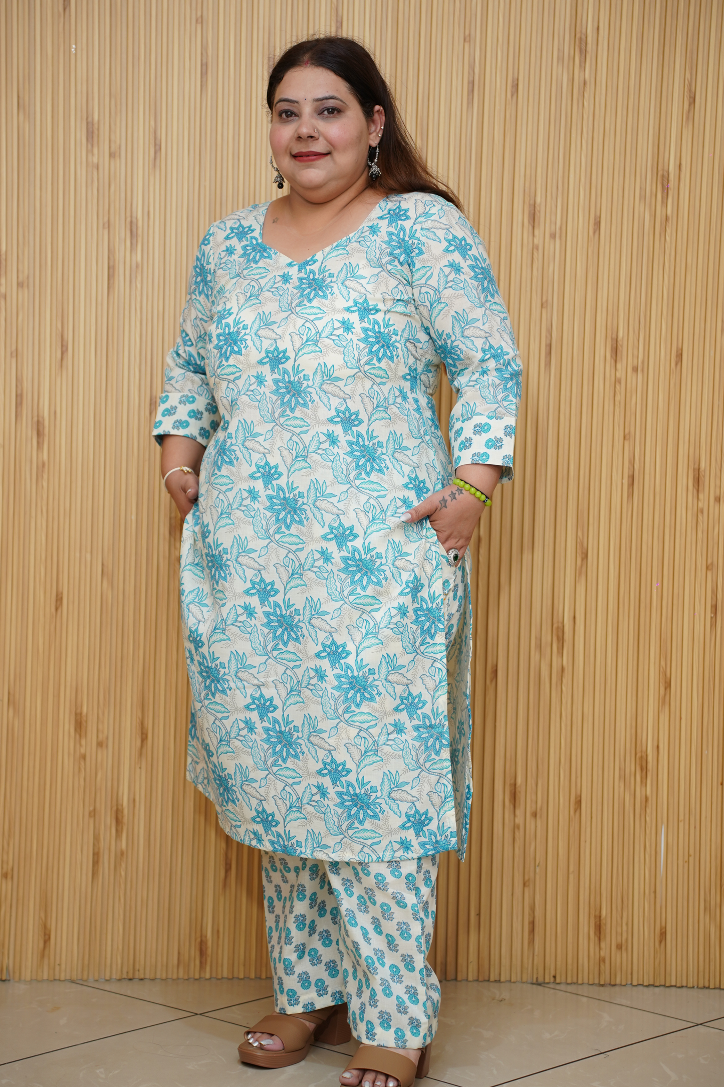 Women Plus Size Soft Blue Floral Cotton Suit Set