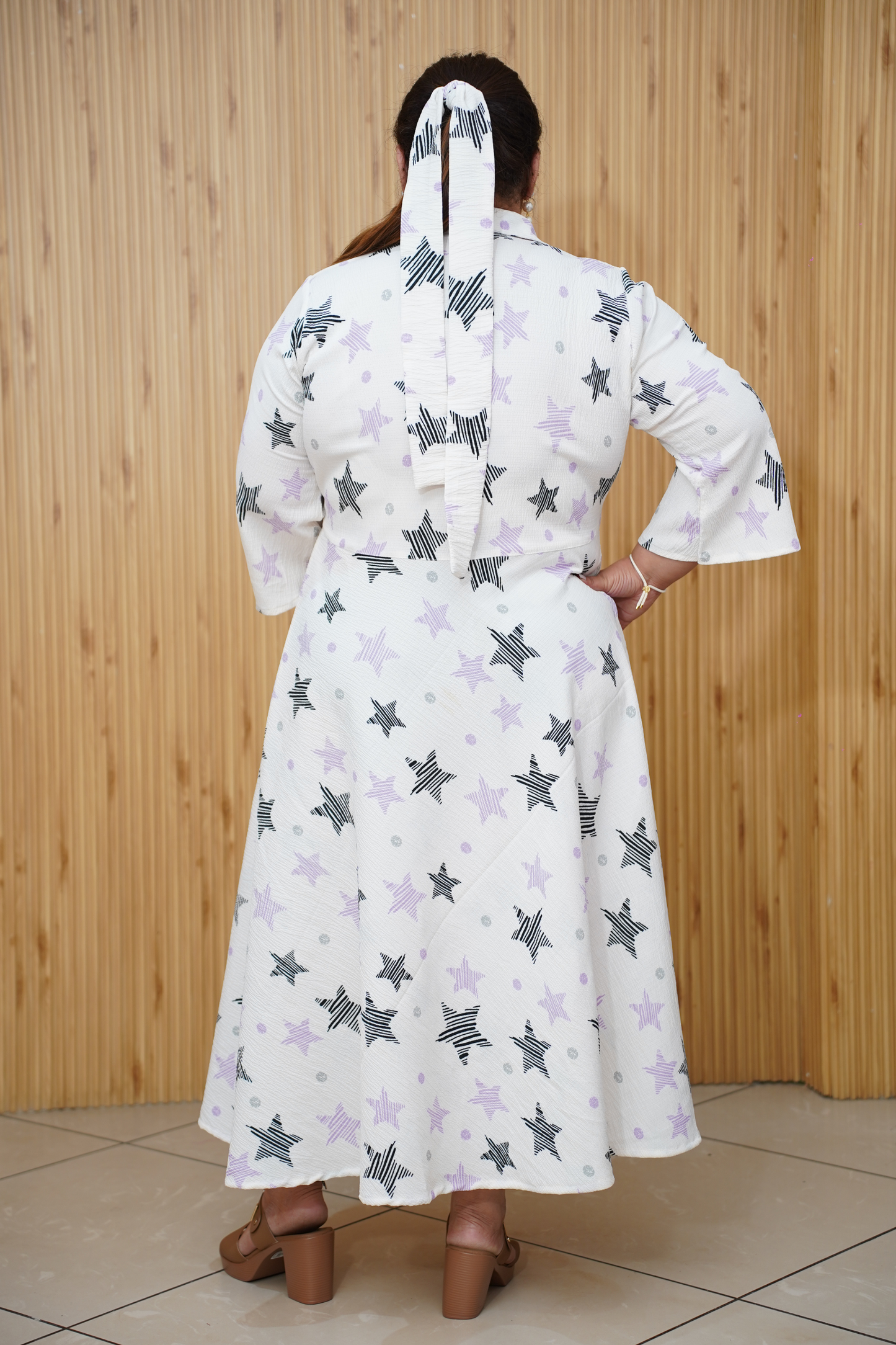 Starry White Flared Dress with Hair Tie