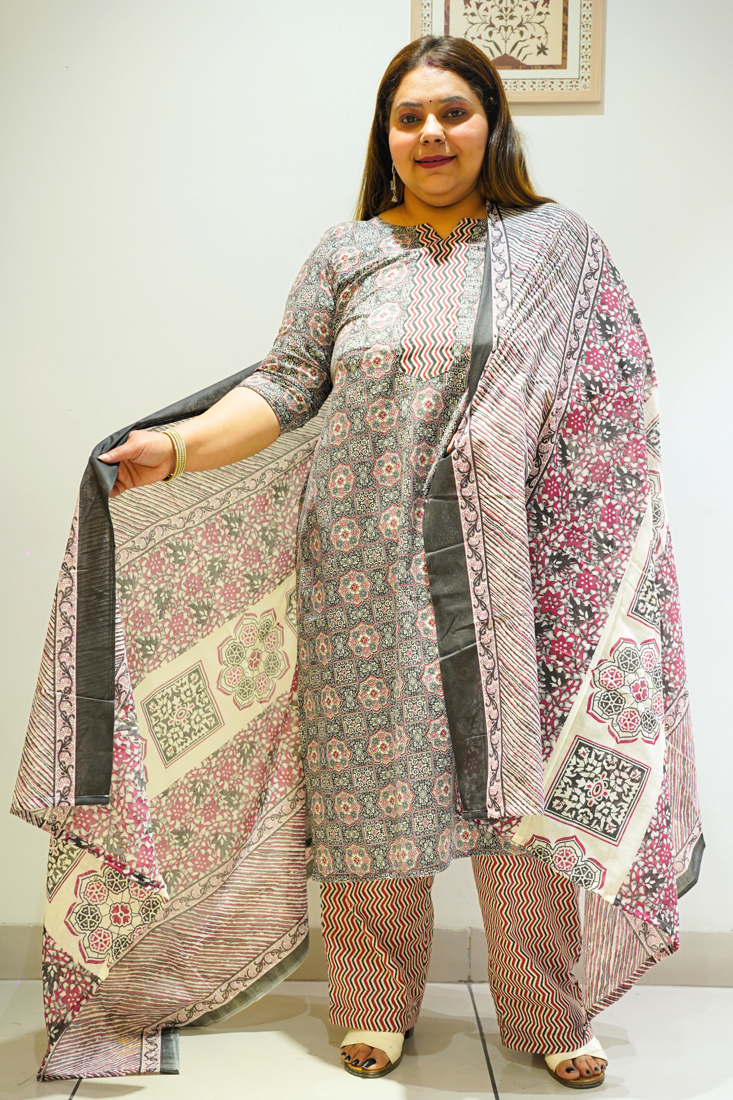 Black Cotton Block Print Suit Set