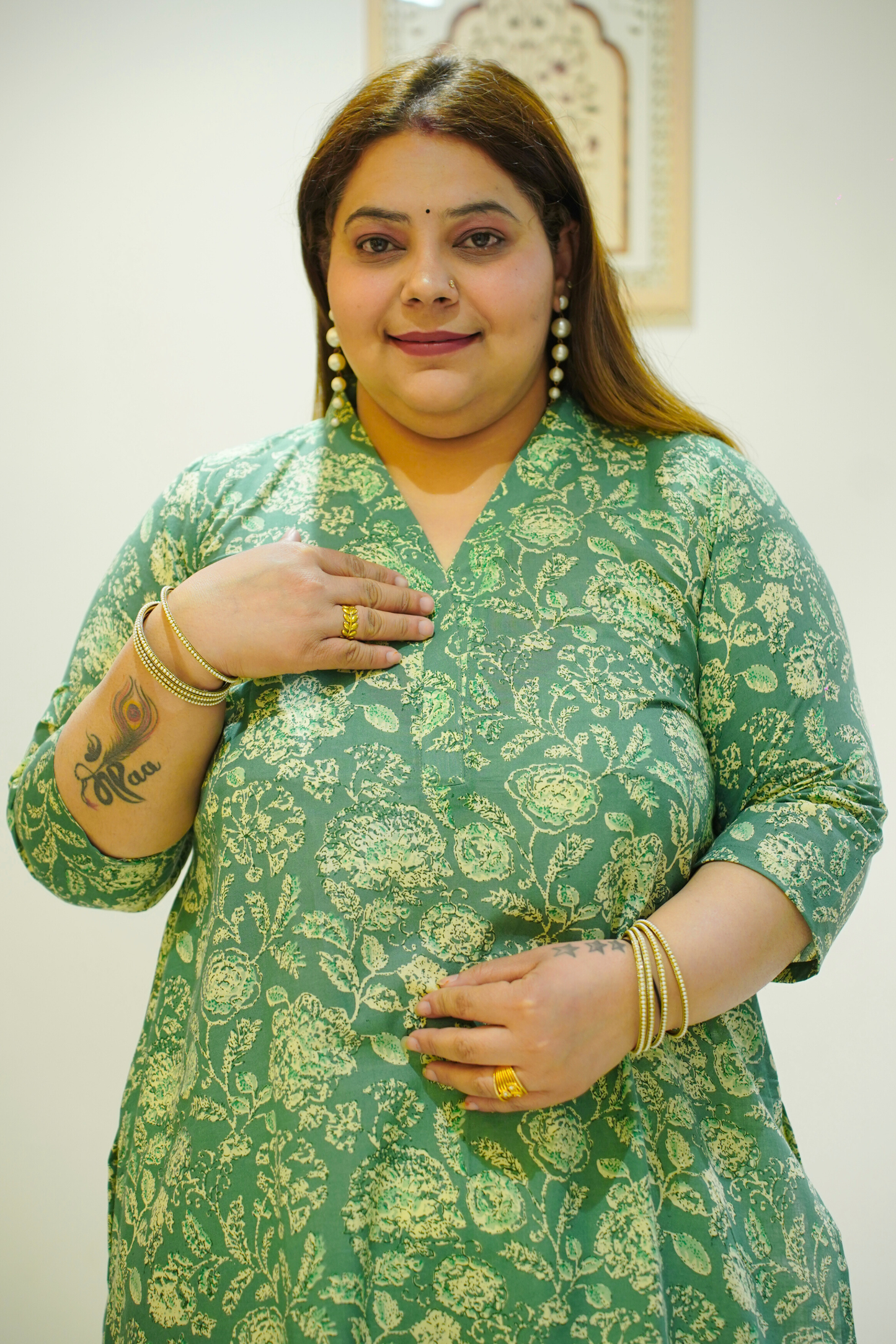 Green Cotton Floral Print Kurta