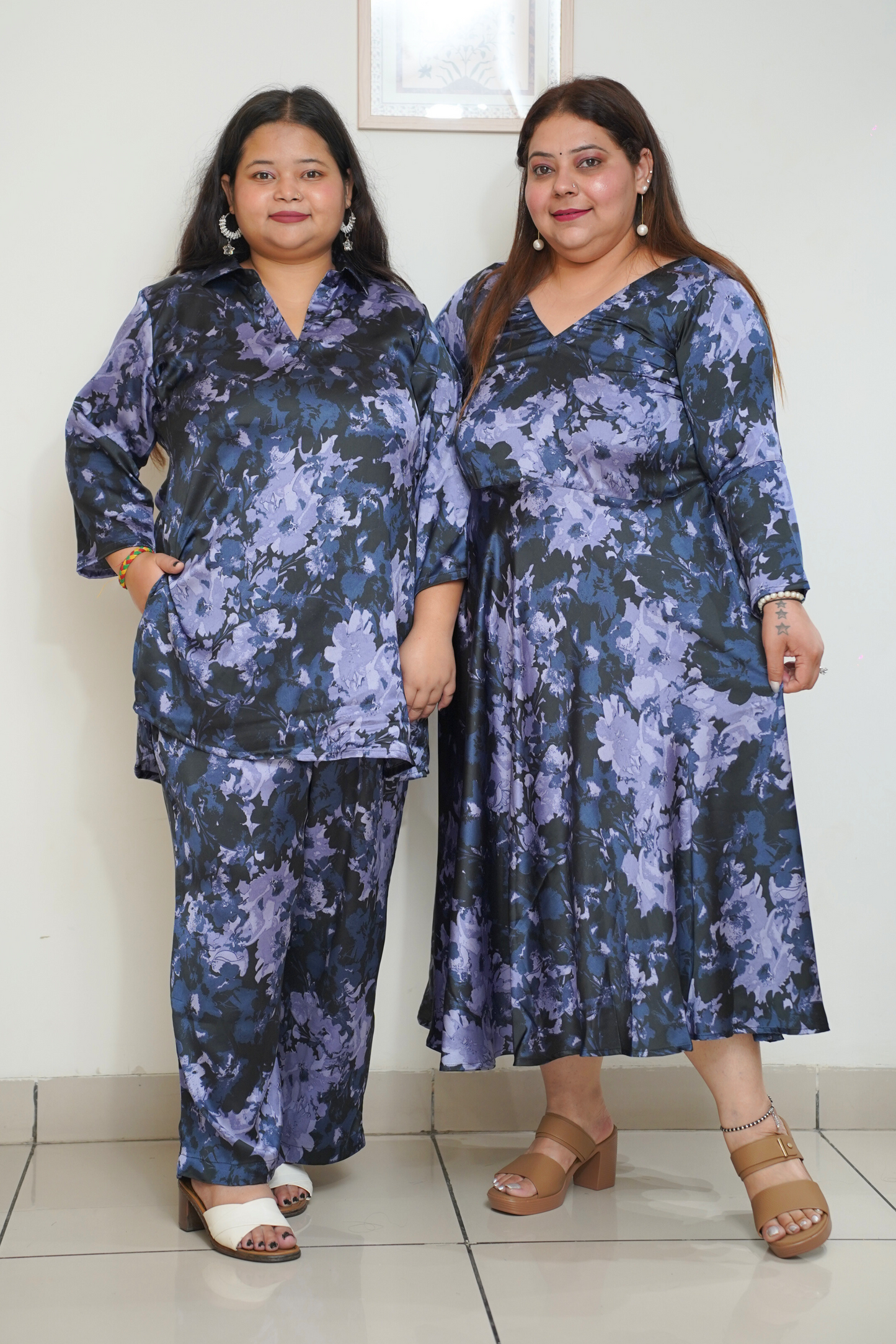 Women Plus Size Navy Abstract Printed Co-ord Set with Pockets