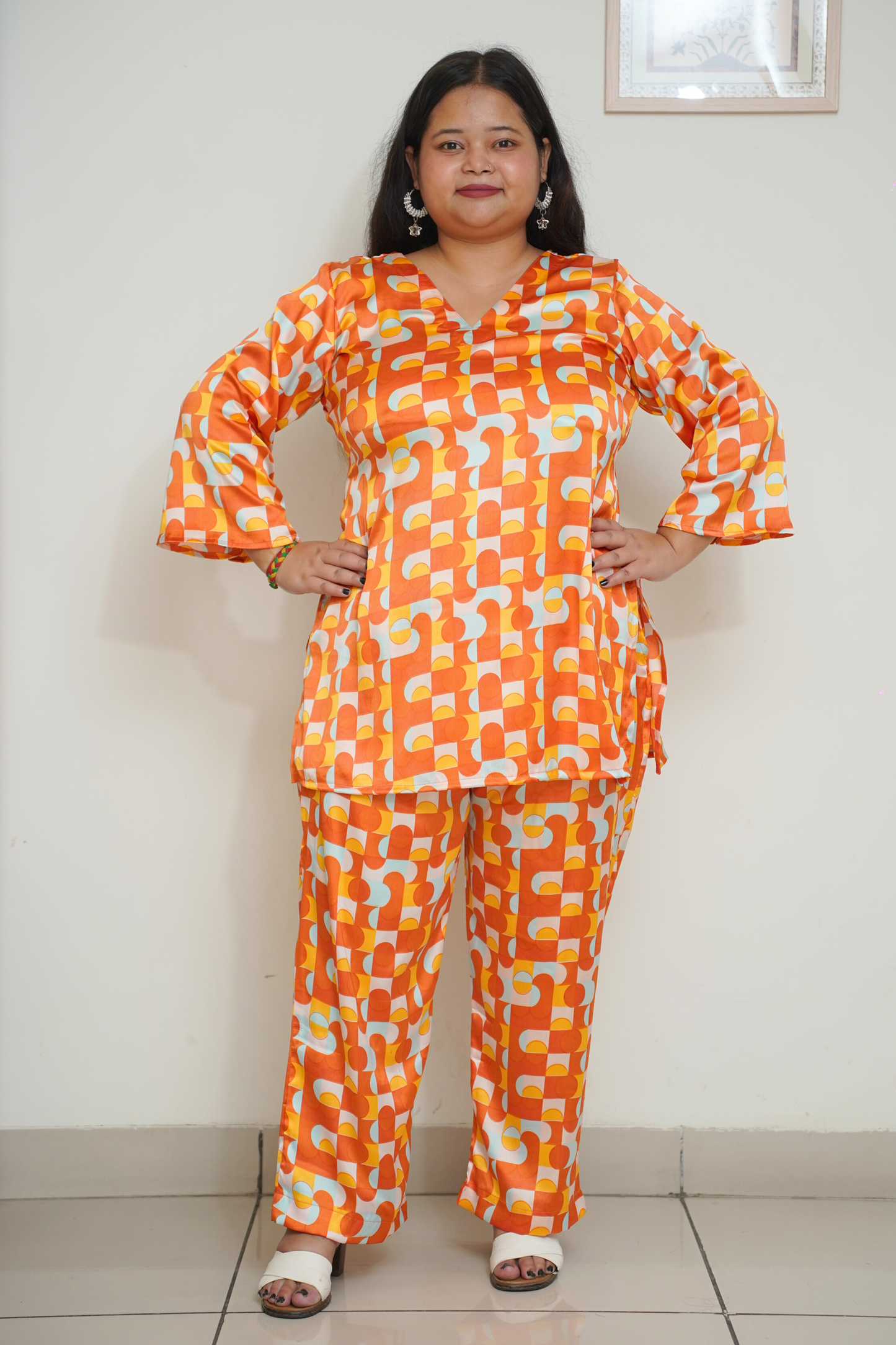 Women Plus Size Orange Digital Printed Co-ord Set