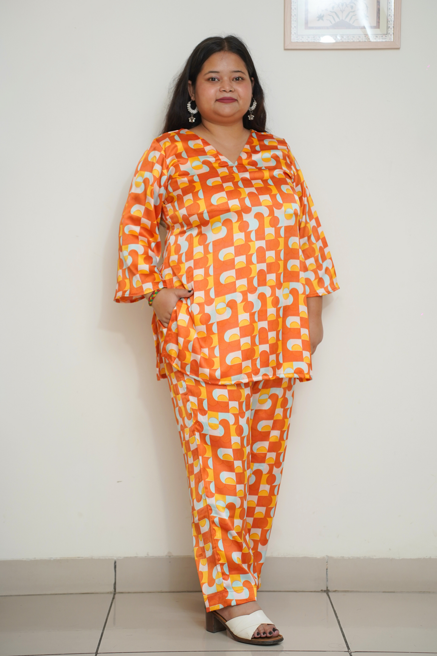 Women Plus Size Orange Digital Printed Co-ord Set