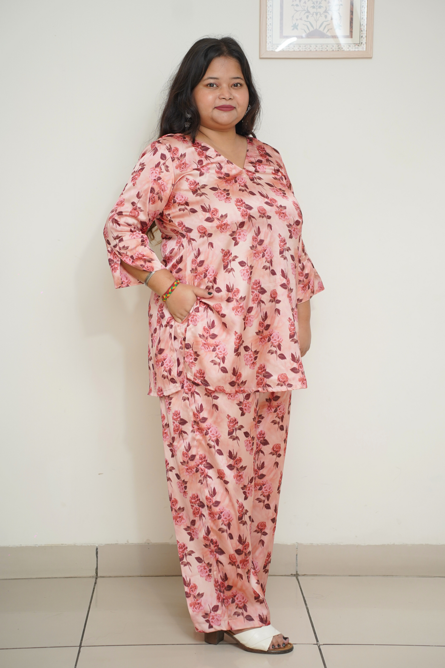 Women Plus Size Peach Digital Printed Co-ord Set with Pockets