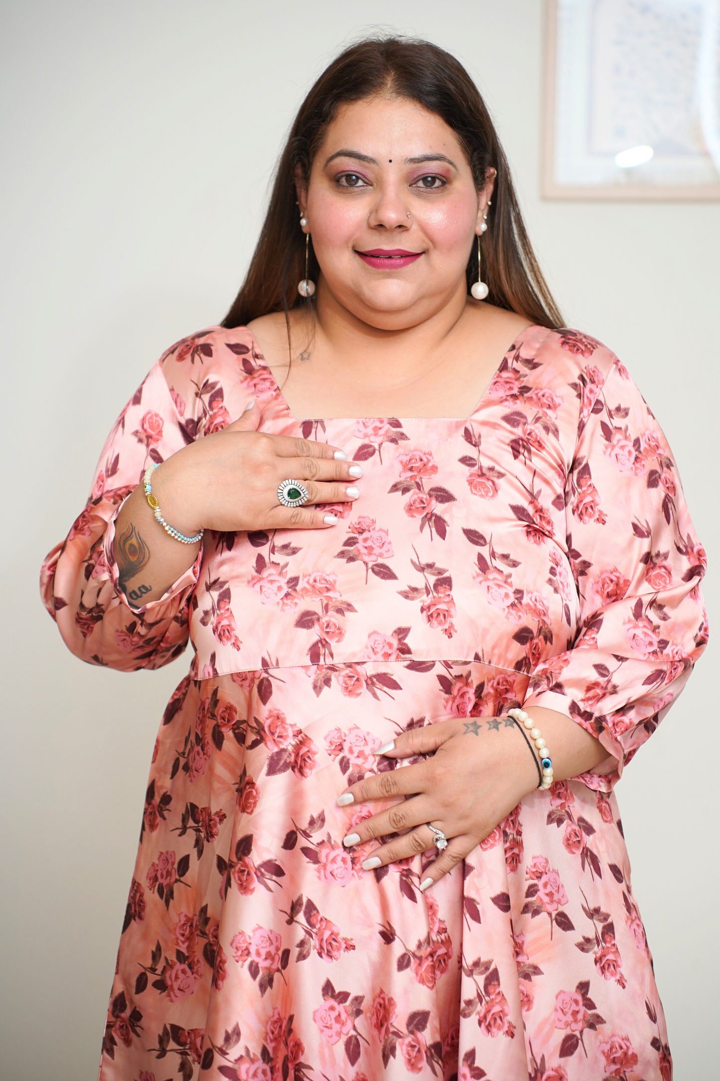 Women Plus Size Peach Digital Printed Dress with Pockets