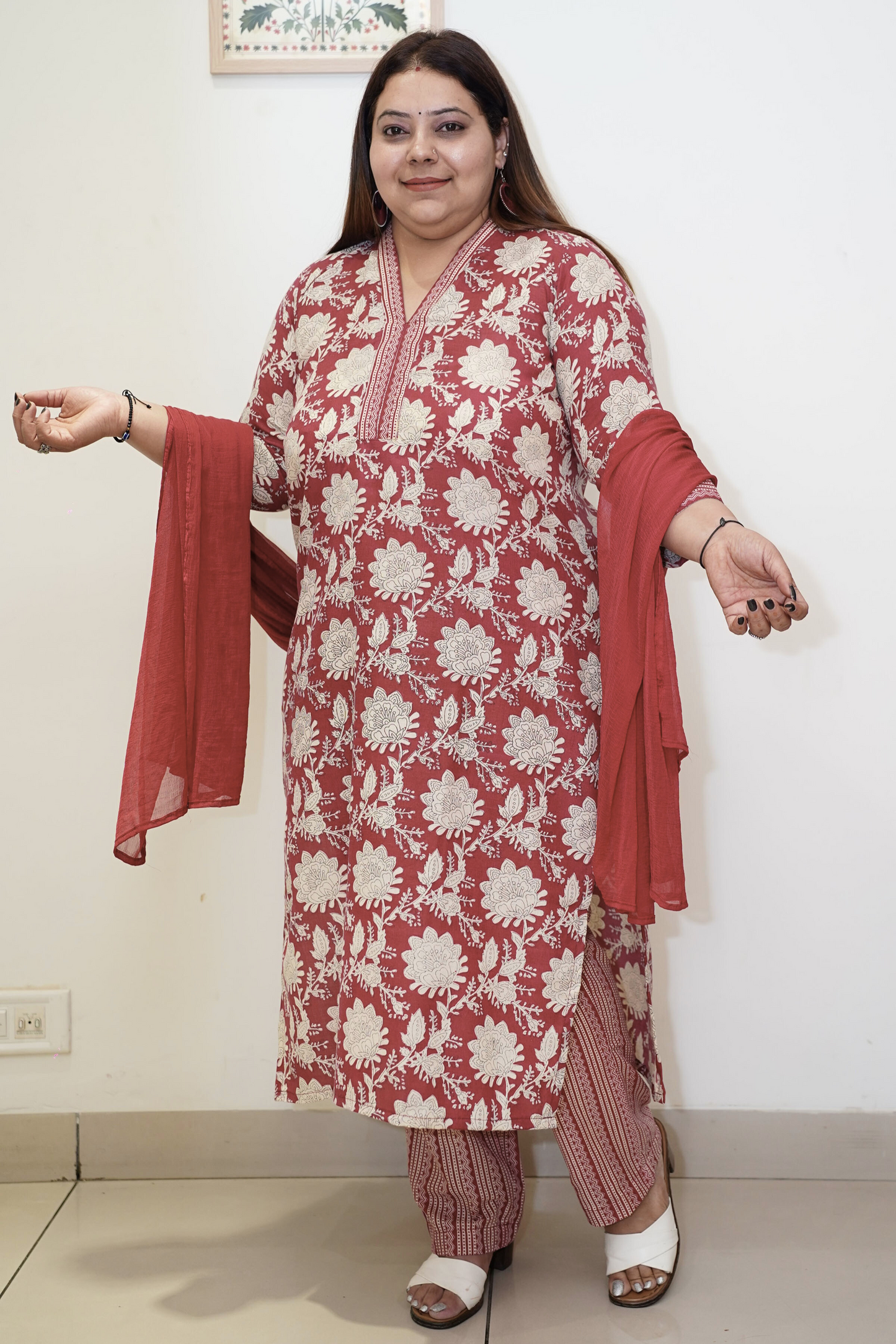 Rust Floral Cotton Suit Set with Mandarin Neck