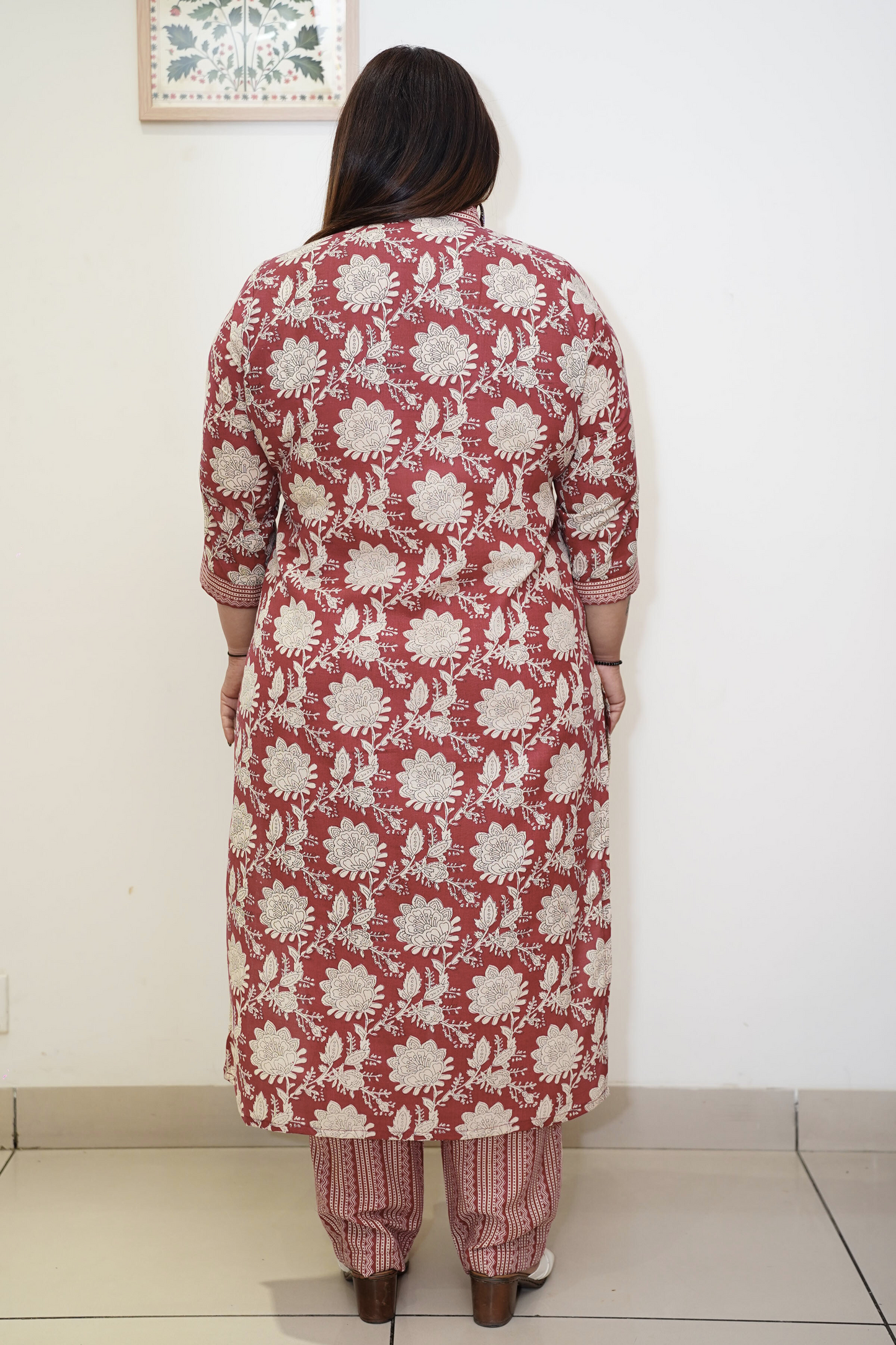 Rust Floral Cotton Suit Set with Mandarin Neck