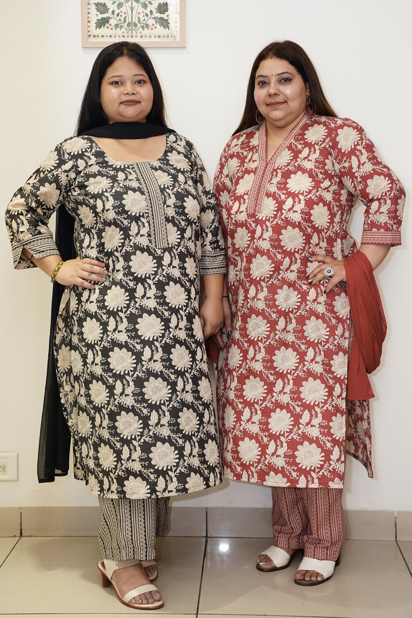 Rust Floral Cotton Suit Set with Mandarin Neck