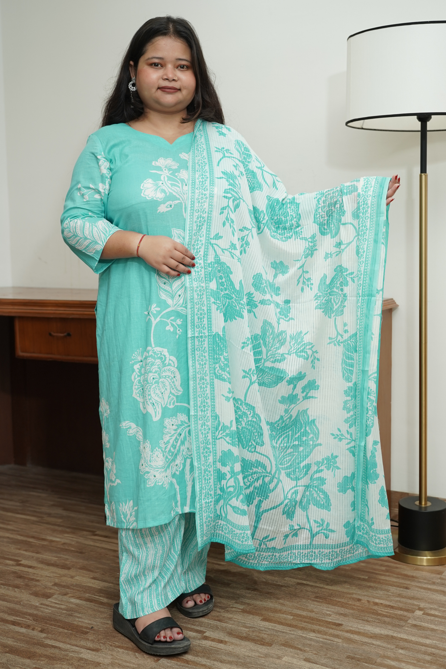 Sky Blue Floral Cotton Suit Set