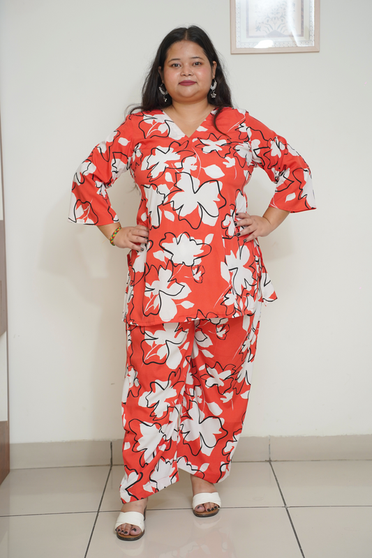 Women Plus Size Vibrant Red Floral Co-ord Set with Pockets