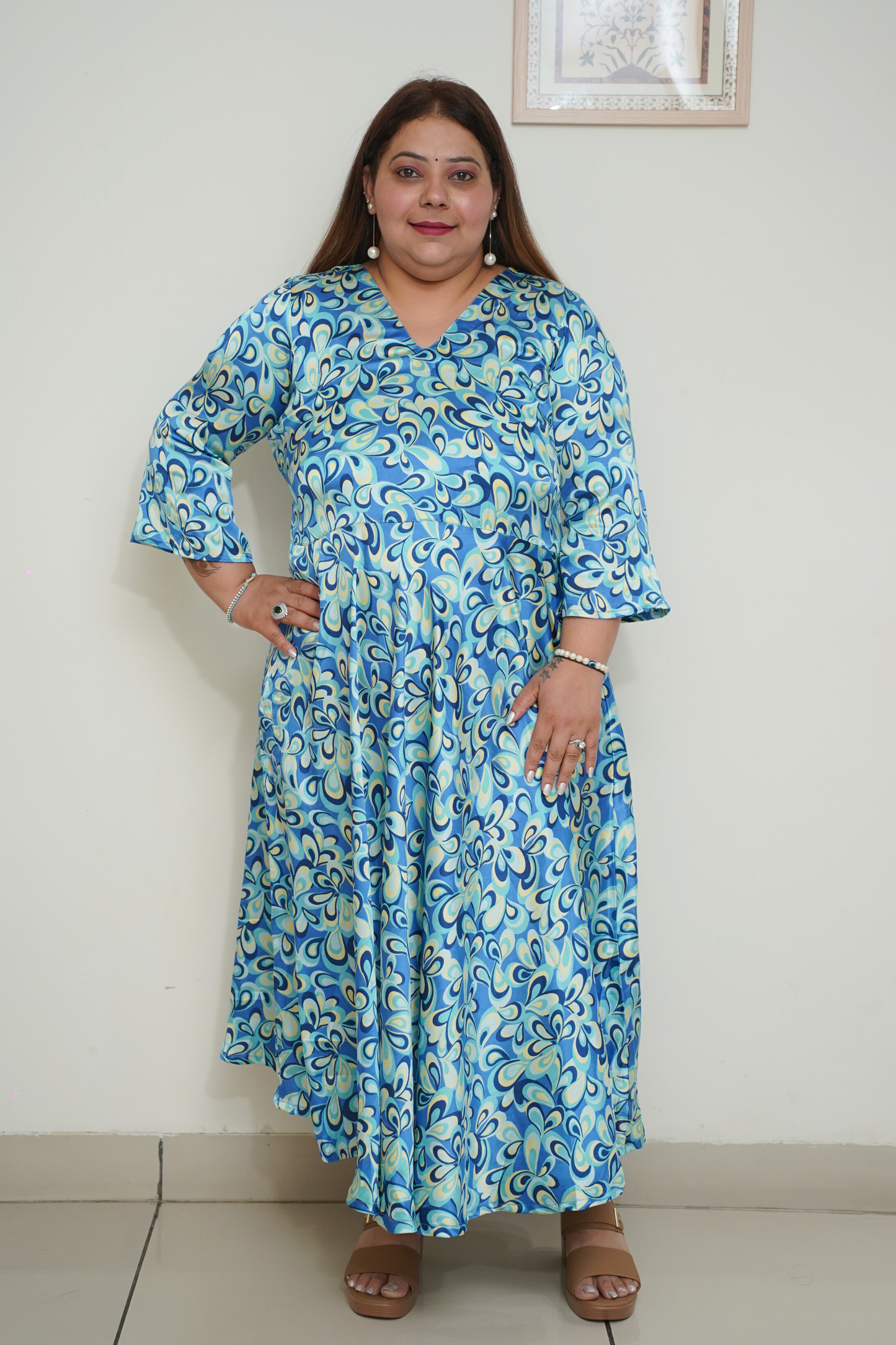 Blue Digital Printed Flared Dress with Pockets