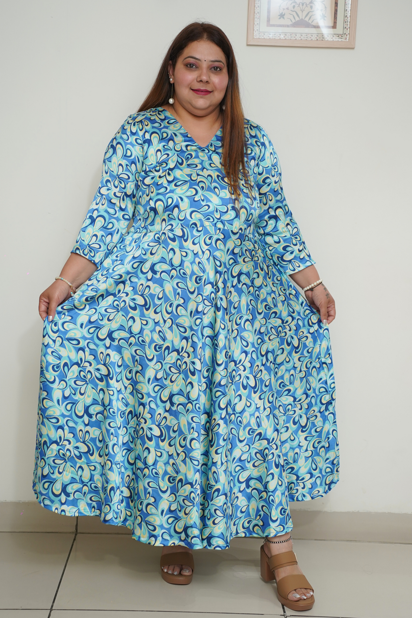 Blue Digital Printed Flared Dress with Pockets