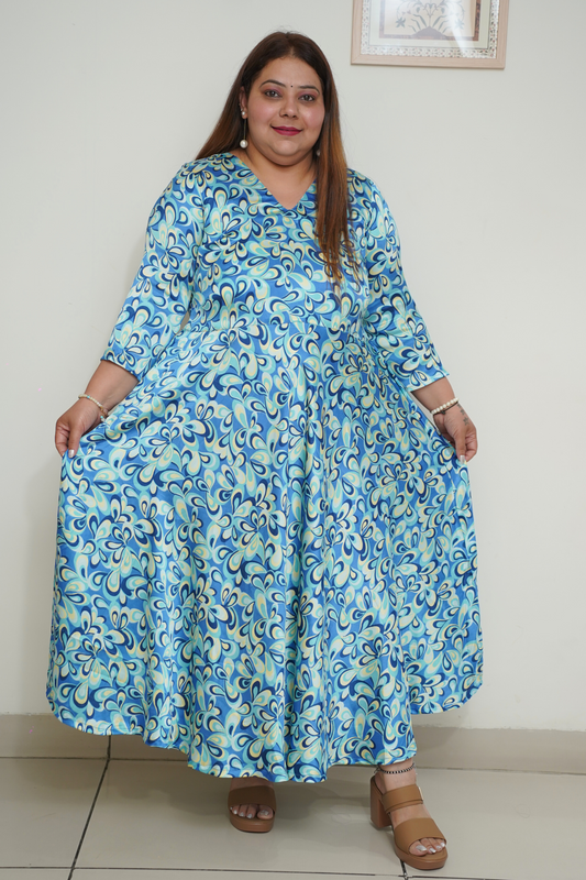 Blue Digital Printed Flared Dress with Pockets