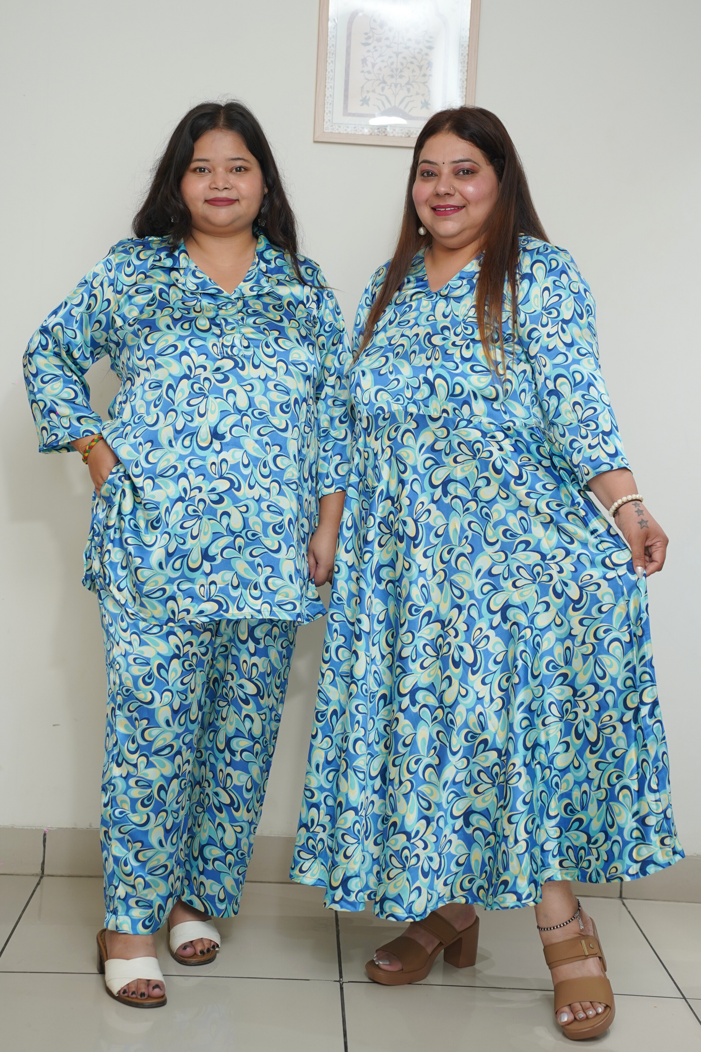 Blue Digital Printed Flared Dress with Pockets