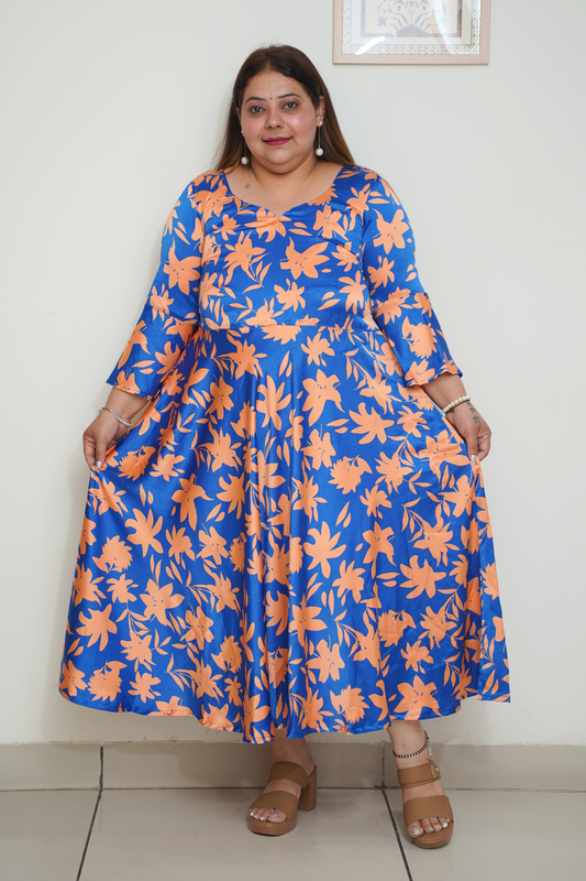 Vibrant Blue Digital Printed Dress with Pockets