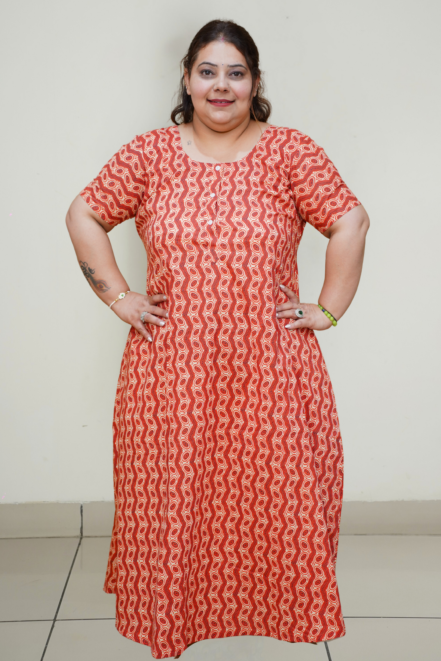 Rust Printed Cotton Nighty with Pocket