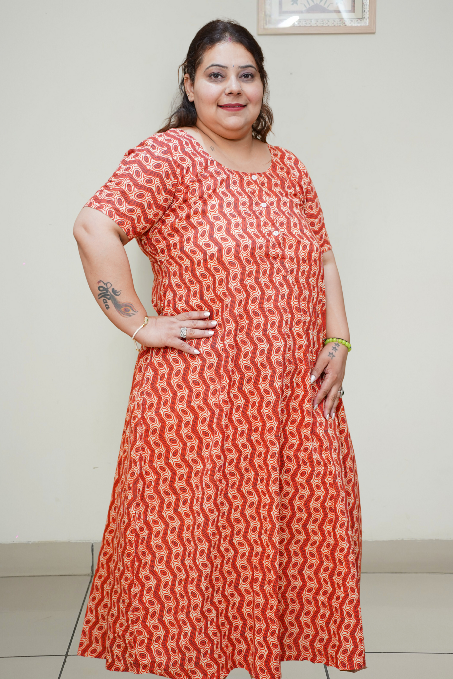 Rust Printed Cotton Nighty with Pocket