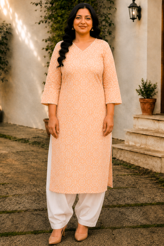 Apricot Cotton Jaipuri Print Kurta