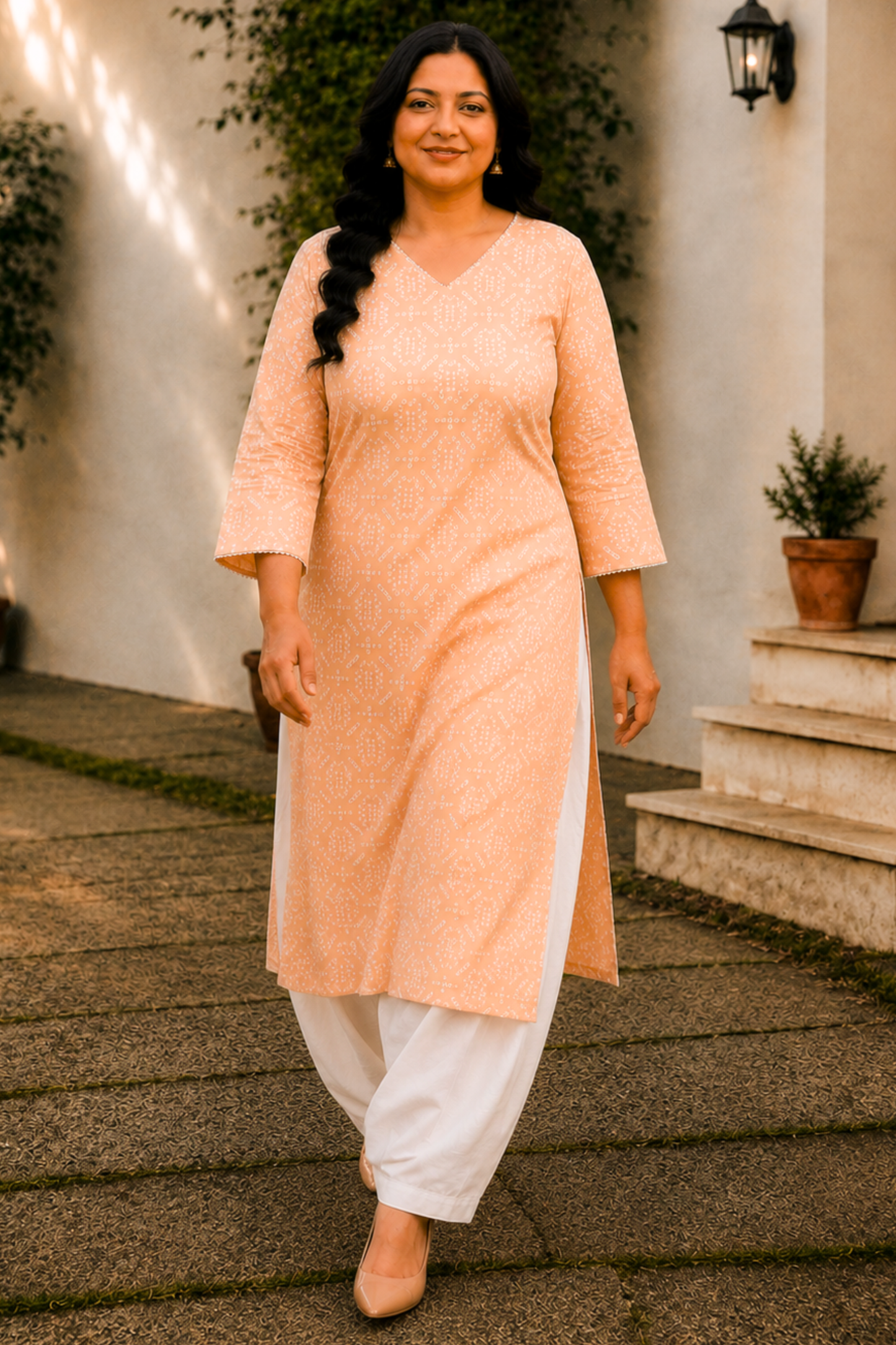 Apricot Cotton Jaipuri Print Kurta