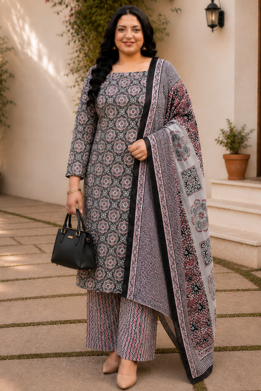 Black Cotton Block Print Suit Set