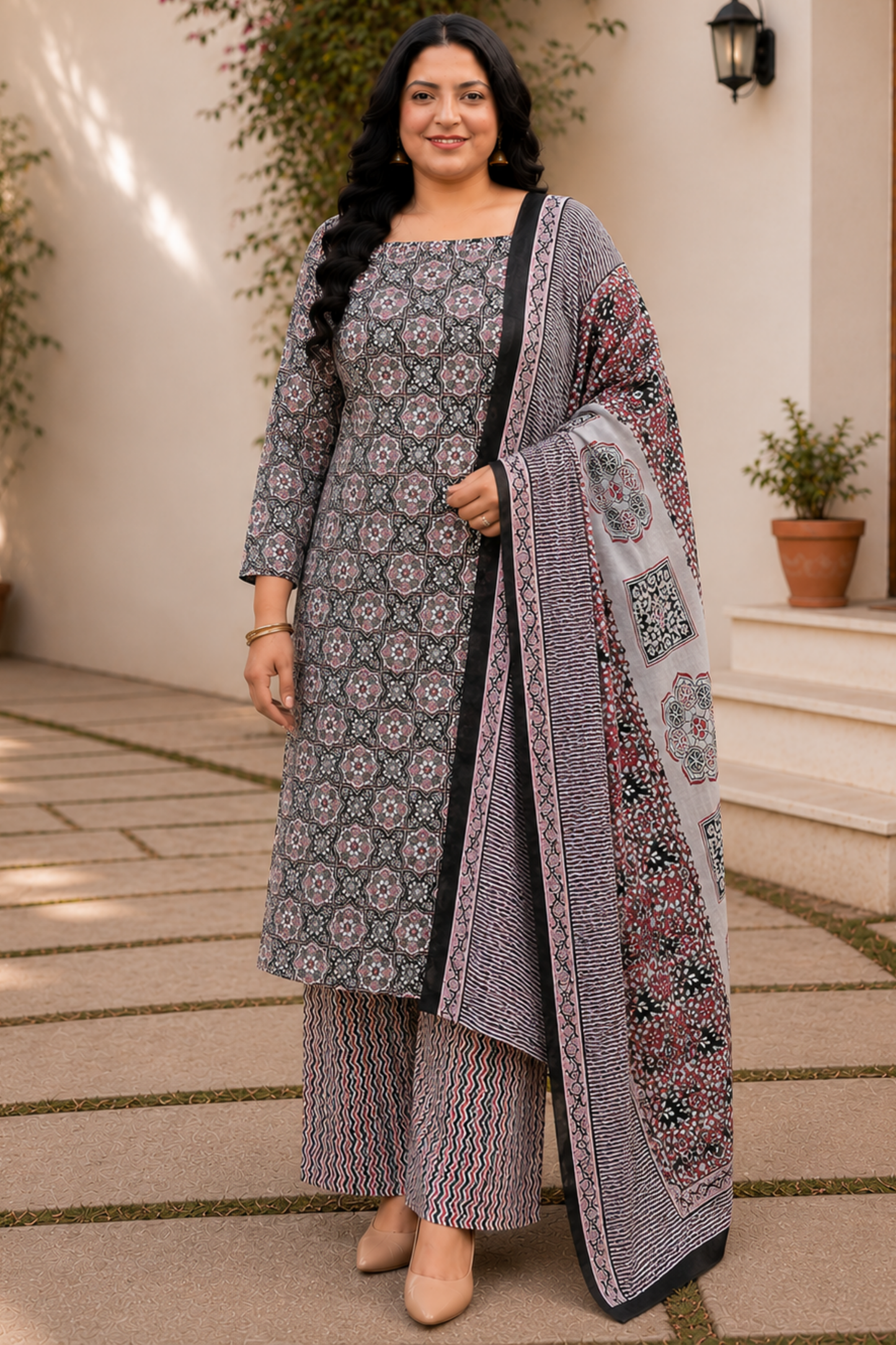 Black Cotton Block Print Suit Set