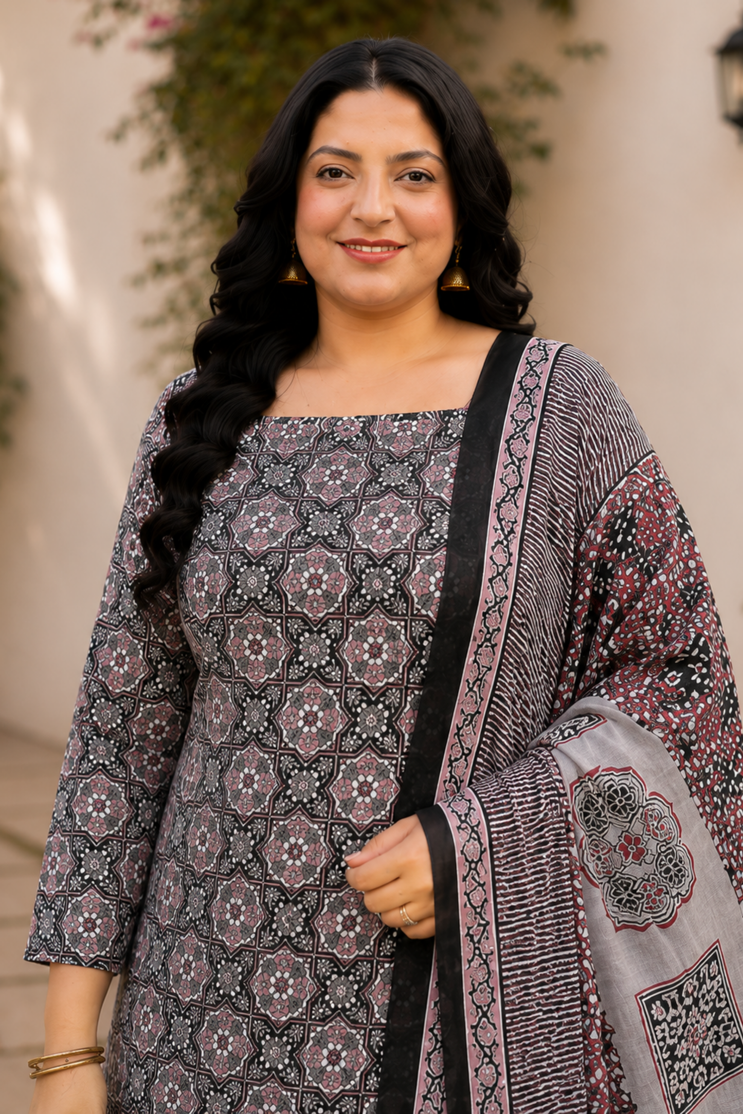 Black Cotton Block Print Suit Set