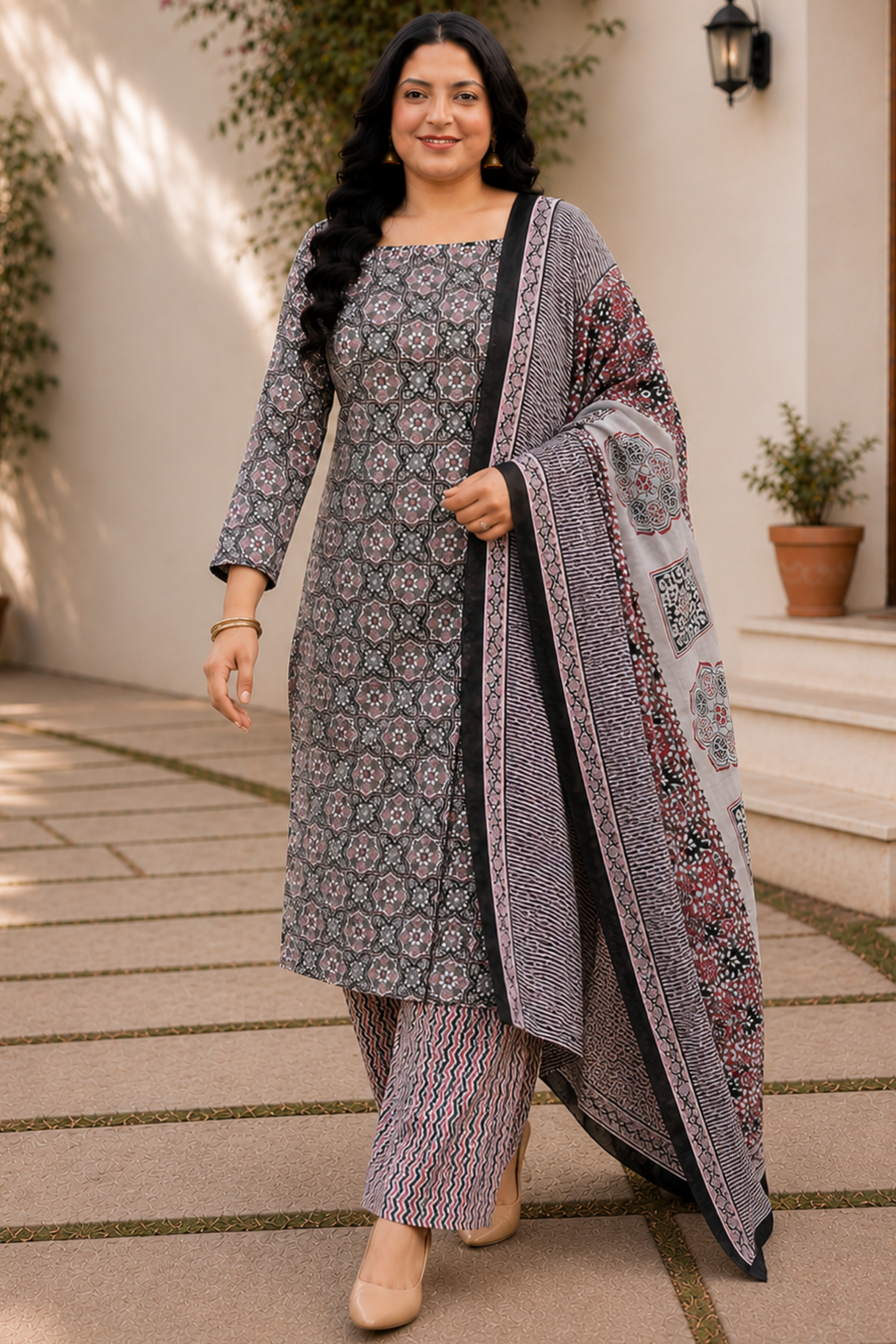 Black Cotton Block Print Suit Set