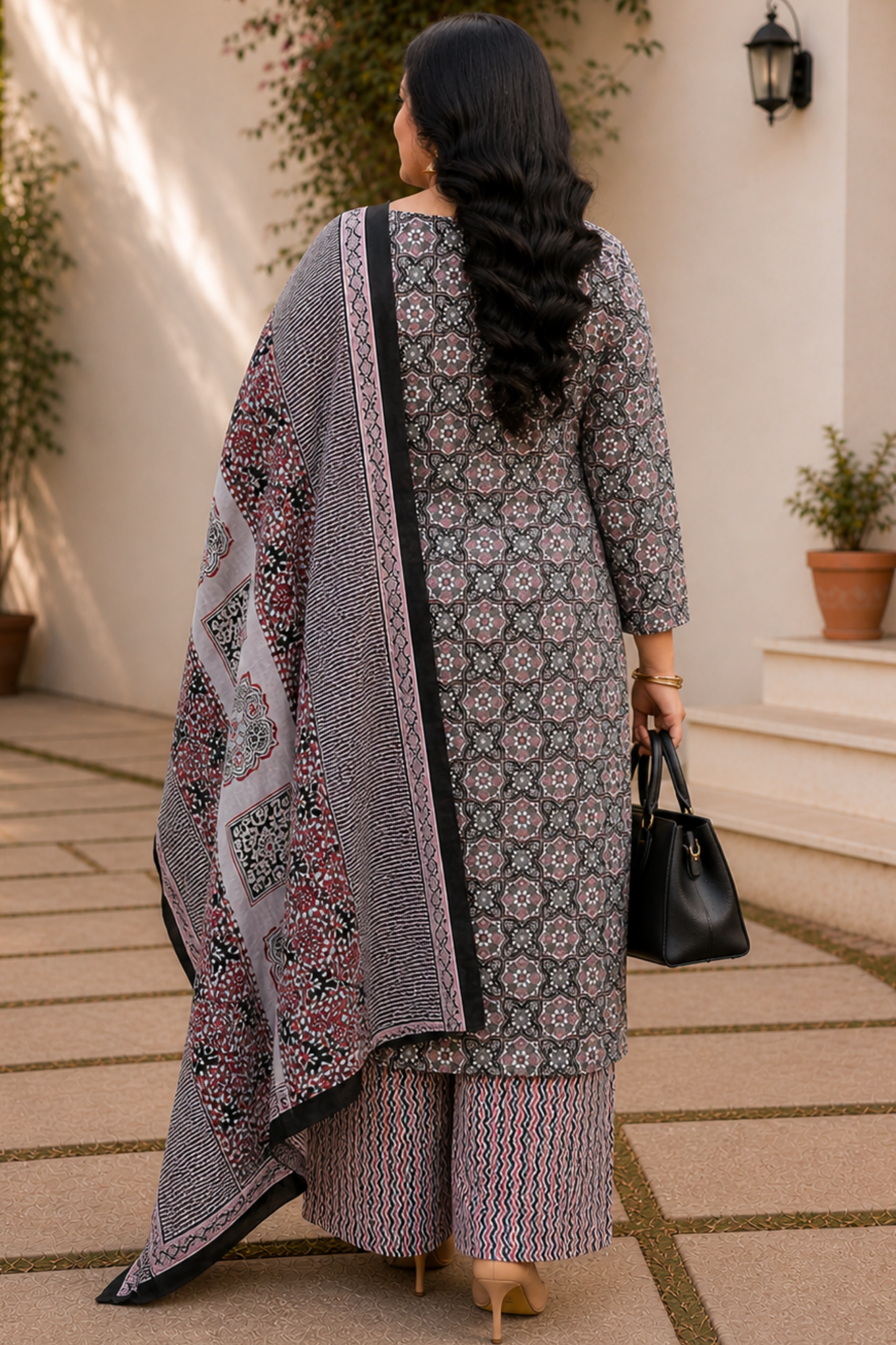 Black Cotton Block Print Suit Set