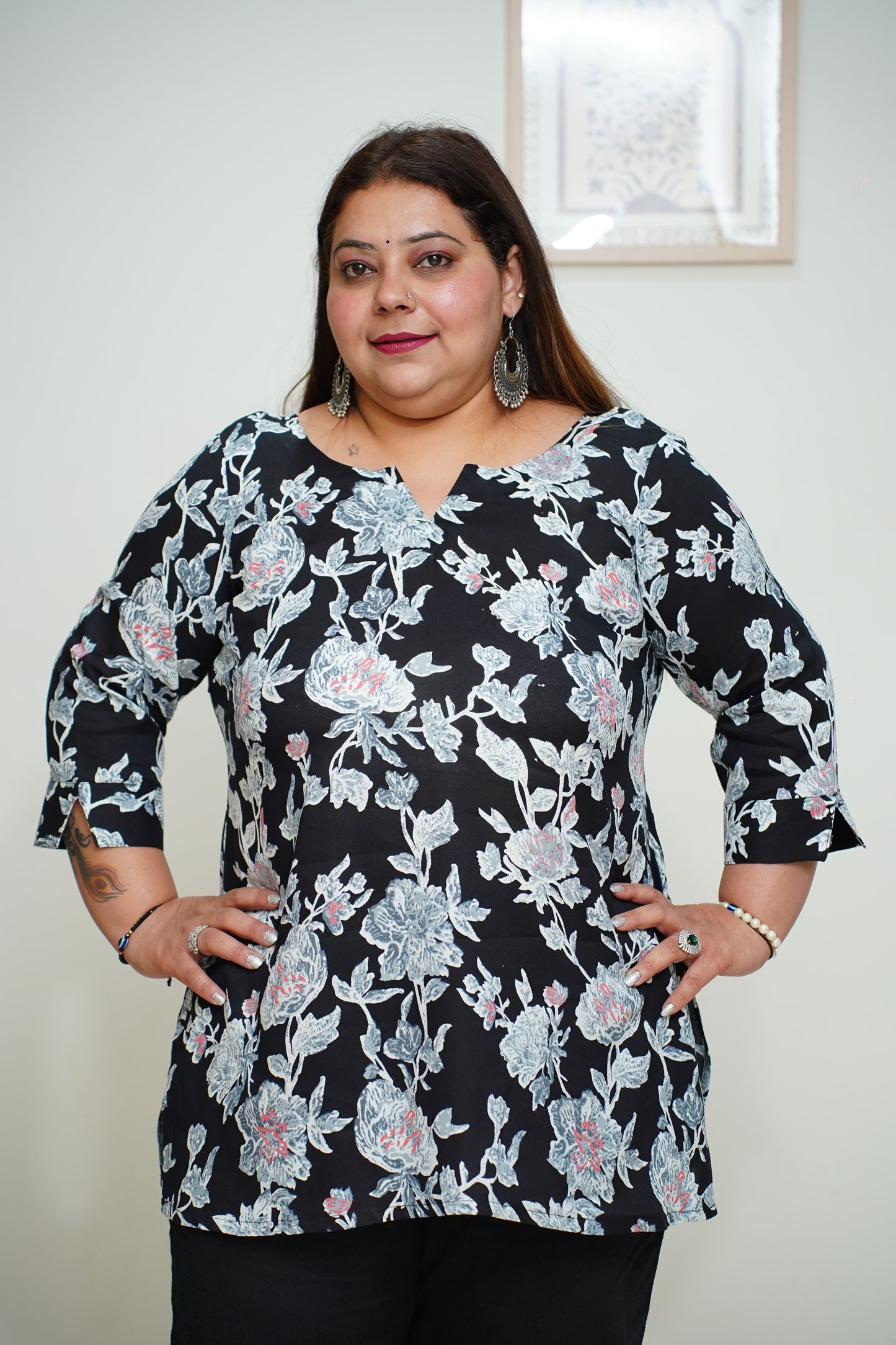 Women Plus Size Black Printed Everyday Rayon Kurta