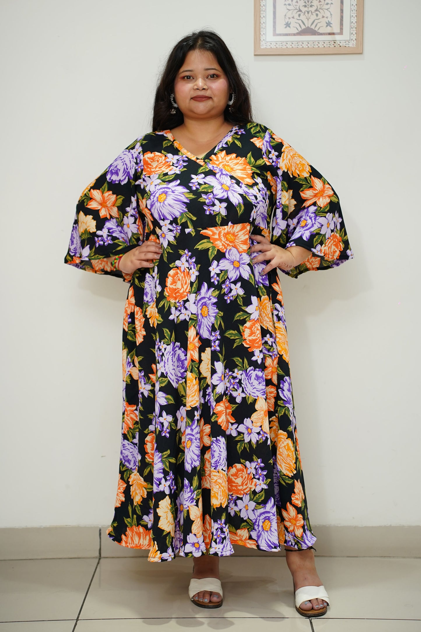 Women Plus Size Black Floral Flared Maxi Dress with Pockets