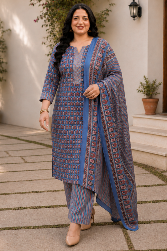 Blue Block Print Suit Set