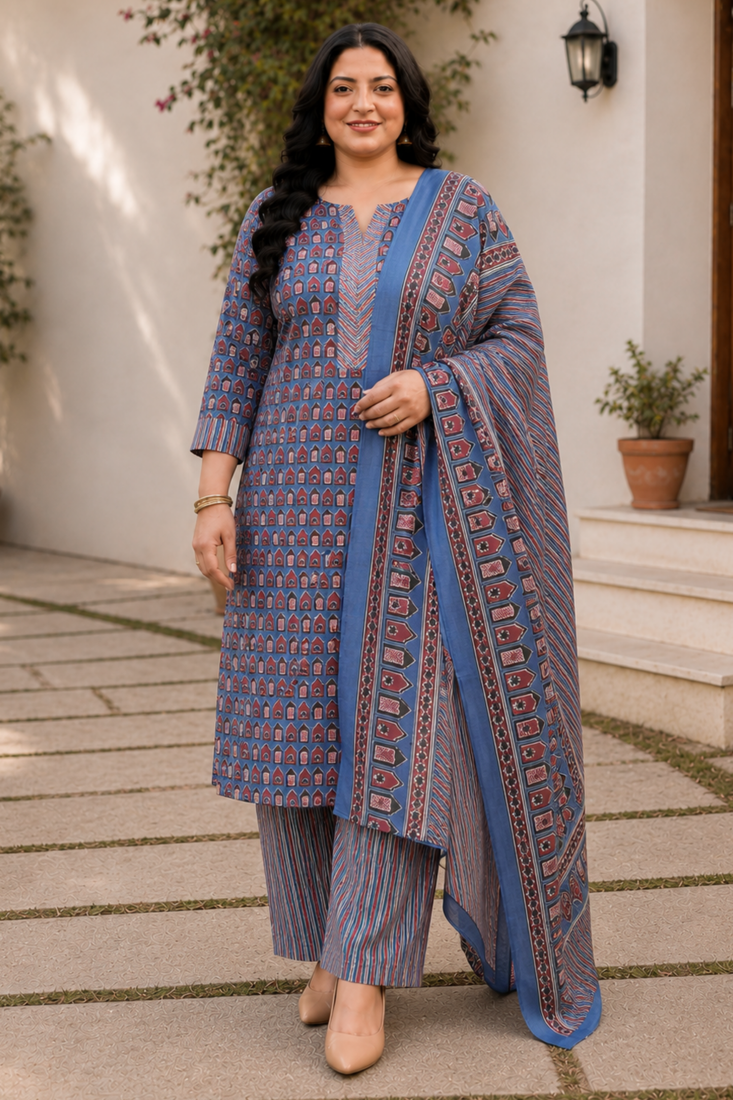 Blue Block Print Suit Set