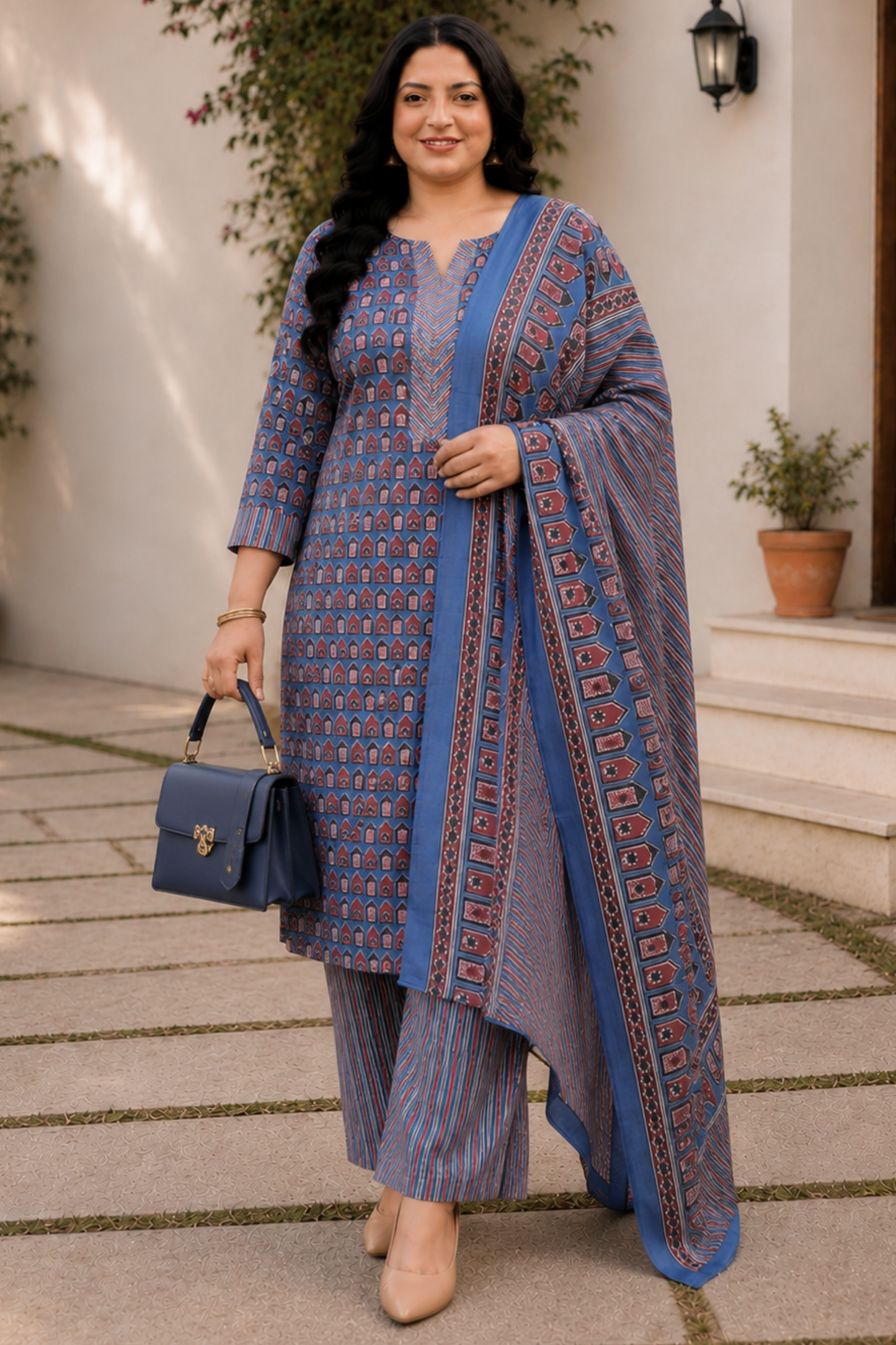 Blue Block Print Suit Set