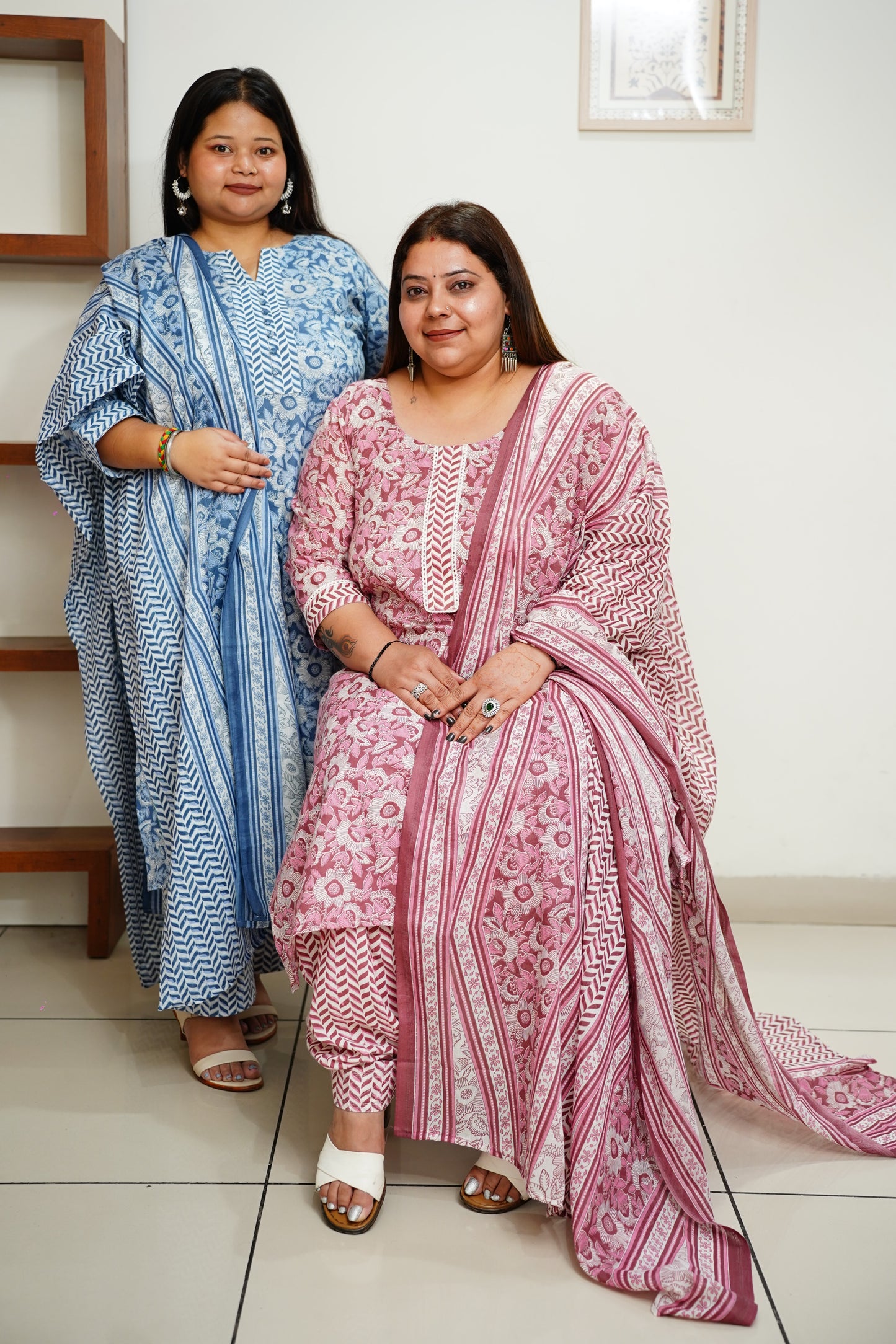 Women Plus Size Blue Floral Cotton Straight Cut Suit