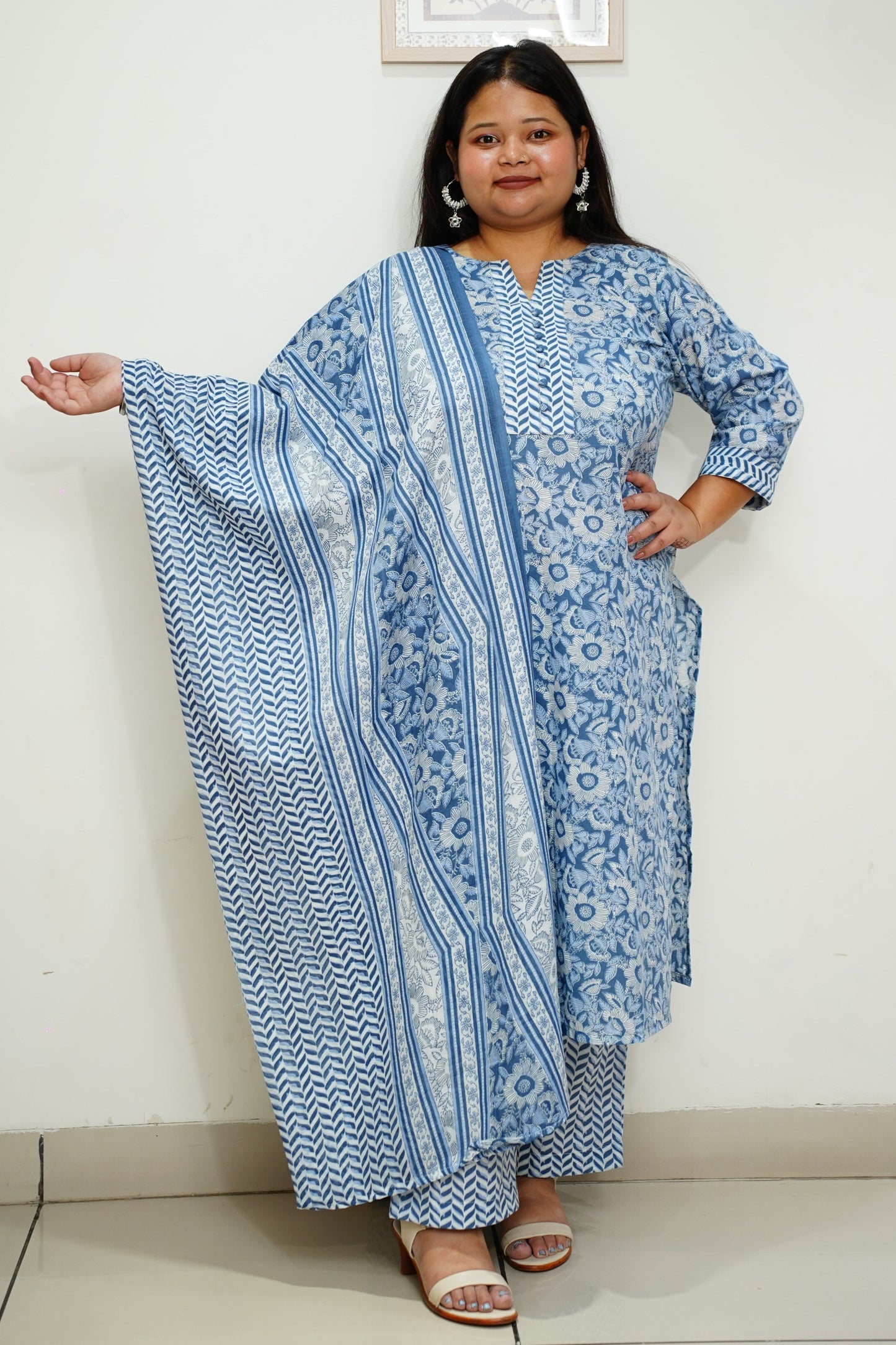 Women Plus Size Blue Floral Cotton Straight Cut Suit