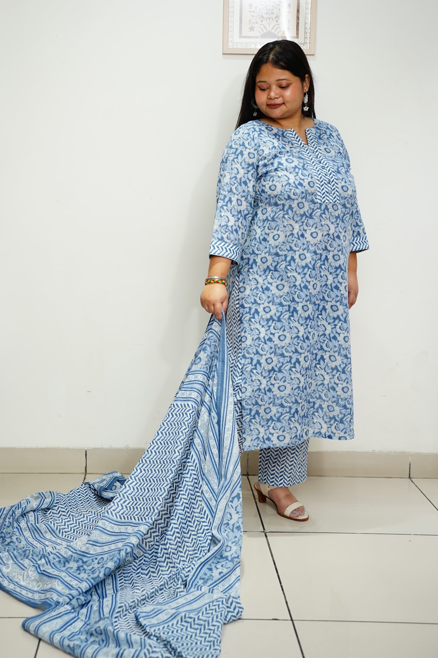 Women Plus Size Blue Floral Cotton Straight Cut Suit