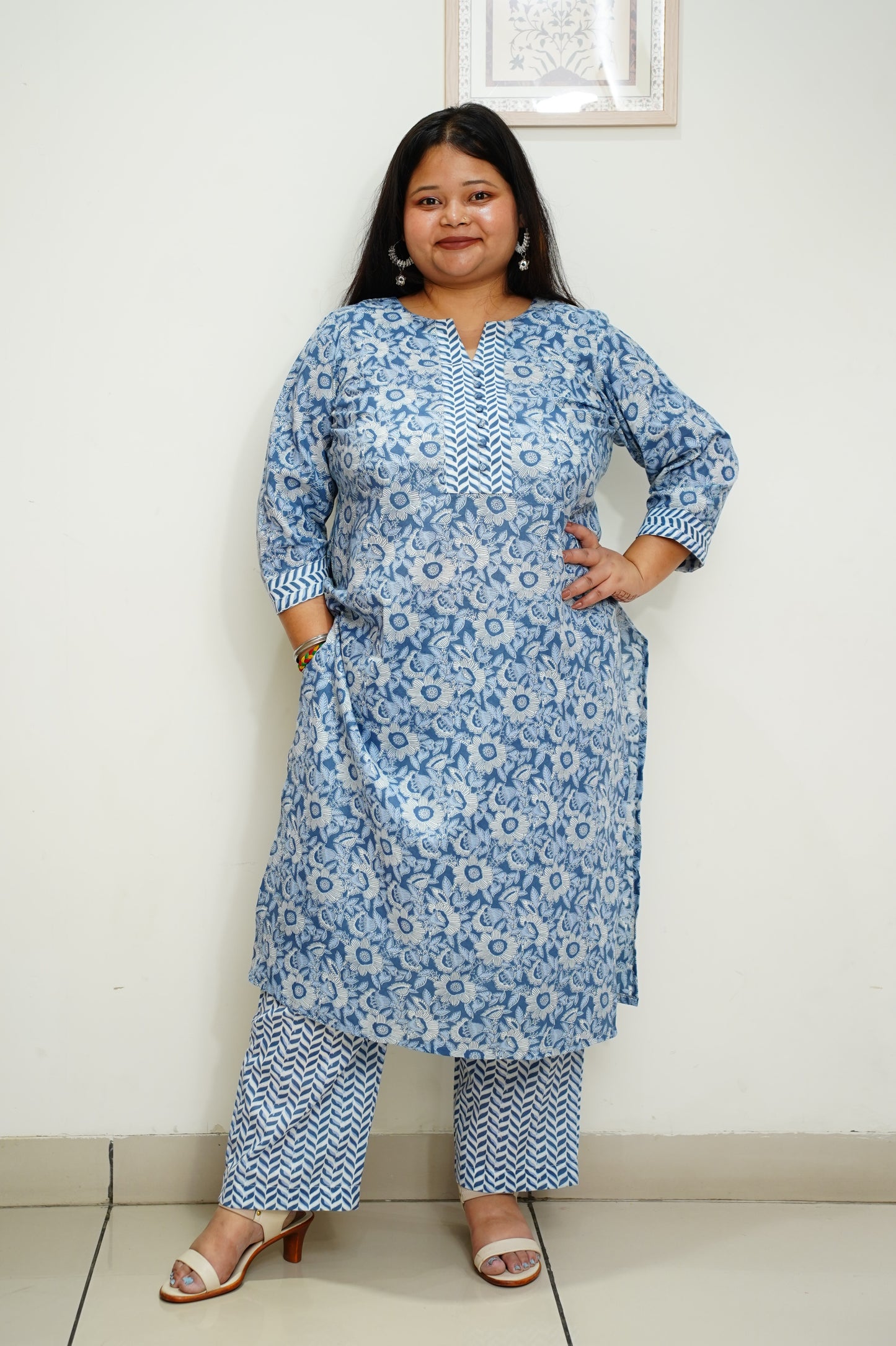 Women Plus Size Blue Floral Cotton Straight Cut Suit